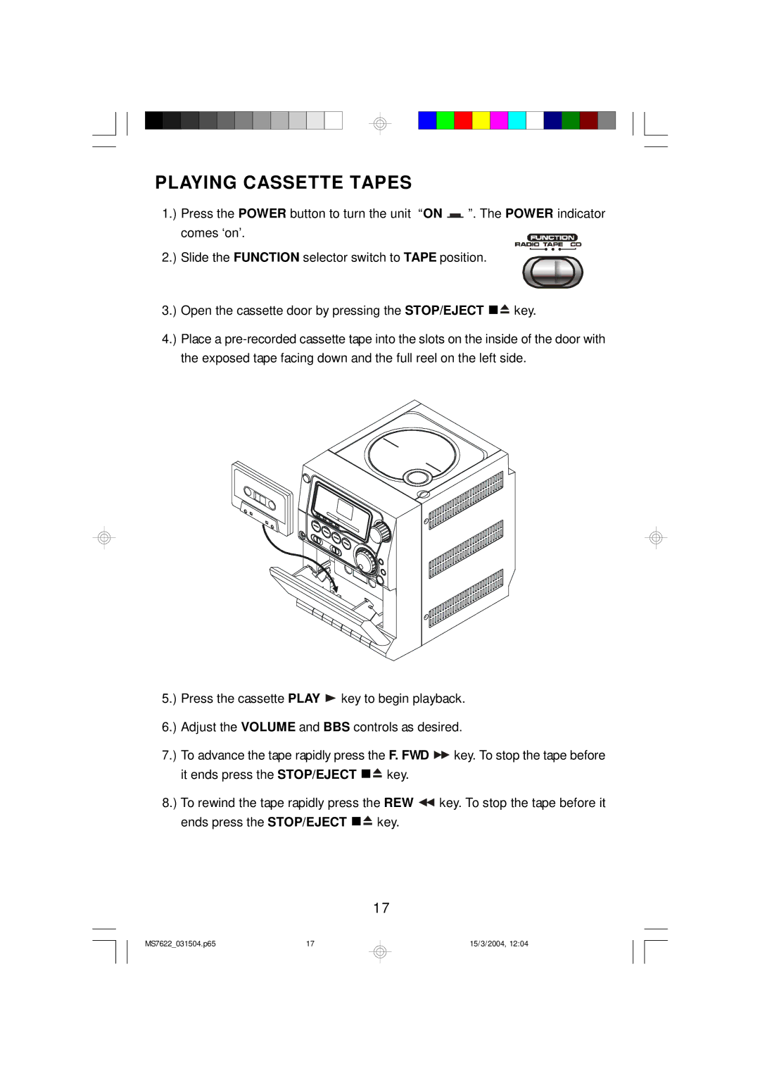 Emerson MS7622 owner manual Playing Cassette Tapes 