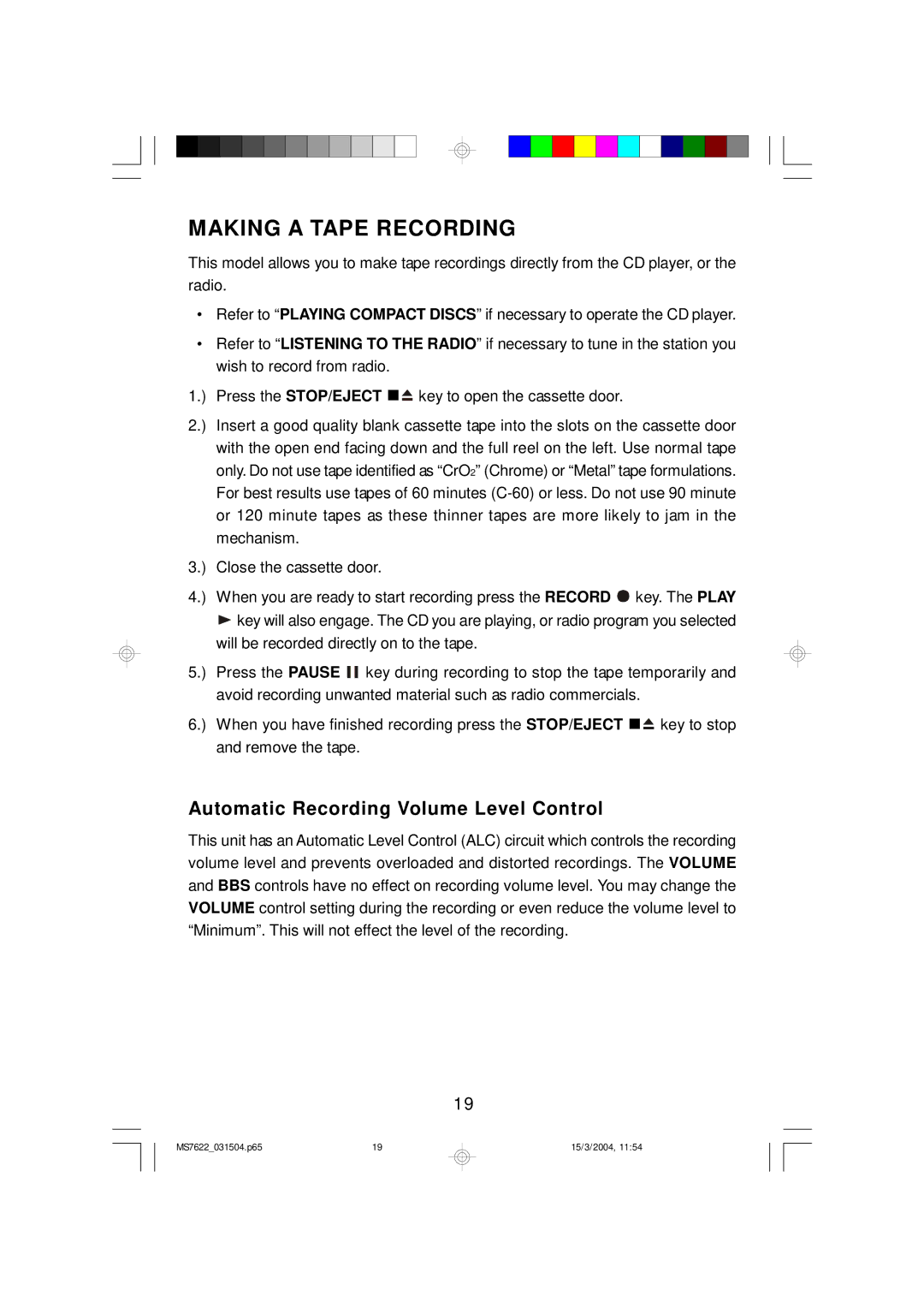 Emerson MS7622 owner manual Making a Tape Recording, Automatic Recording Volume Level Control 