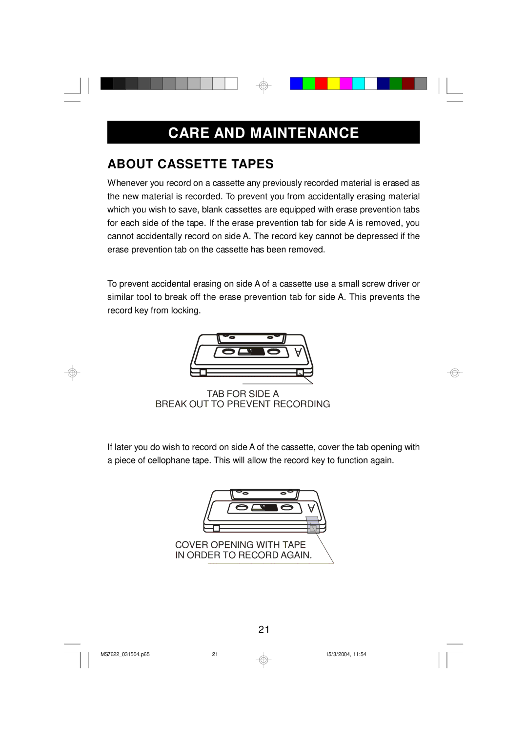 Emerson MS7622 owner manual Care and Maintenance, About Cassette Tapes 