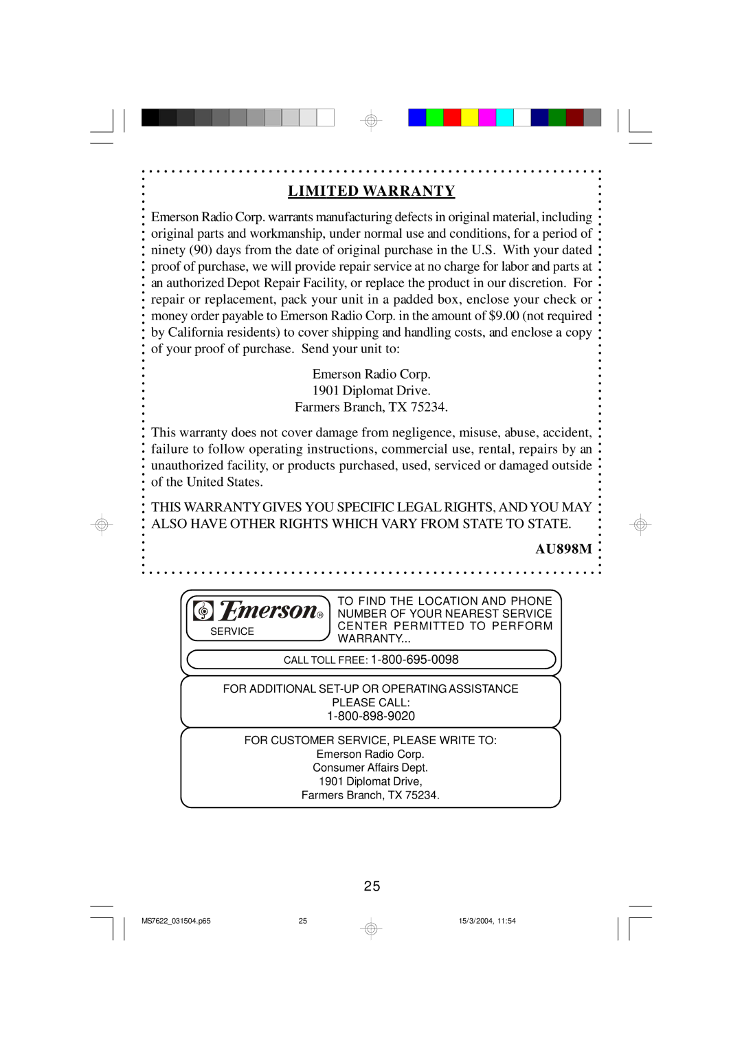 Emerson MS7622 owner manual Limited Warranty 