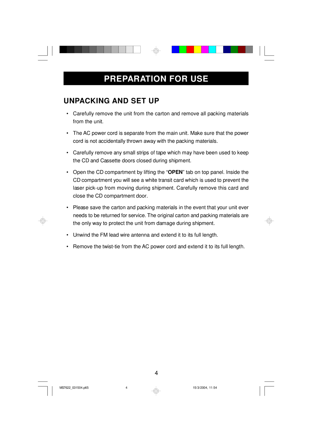 Emerson MS7622 owner manual Preparation for USE, Unpacking and SET UP 