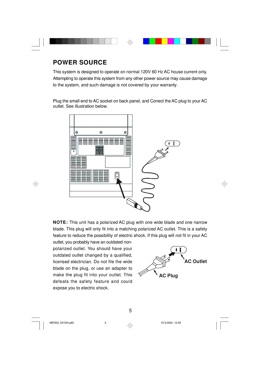 Emerson MS7622 owner manual Power Source 