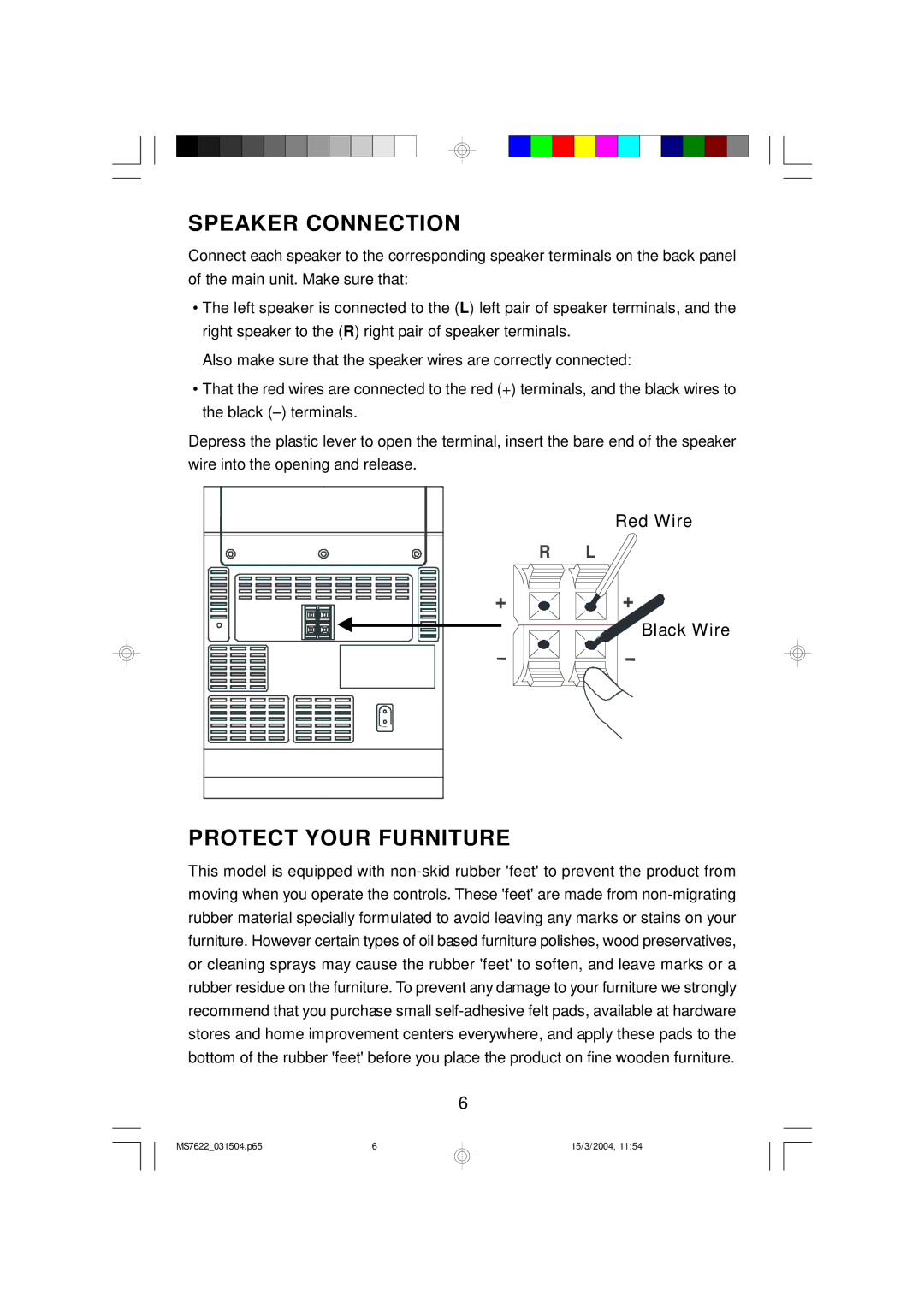 Emerson MS7622 owner manual Speaker Connection, Protect Your Furniture 