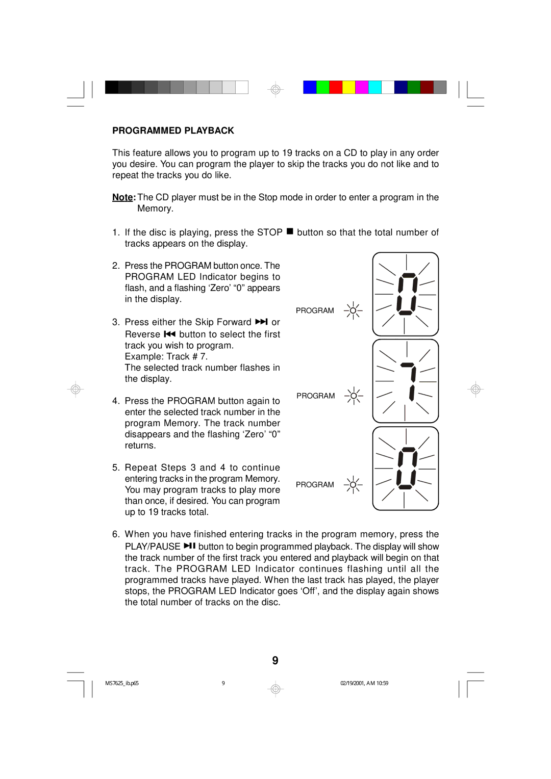 Emerson MS7625 owner manual Programmed Playback 