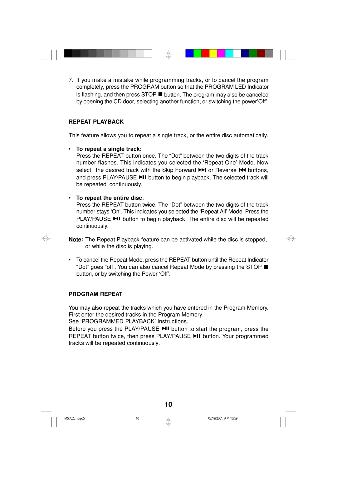 Emerson MS7625 owner manual Repeat Playback, Program Repeat 