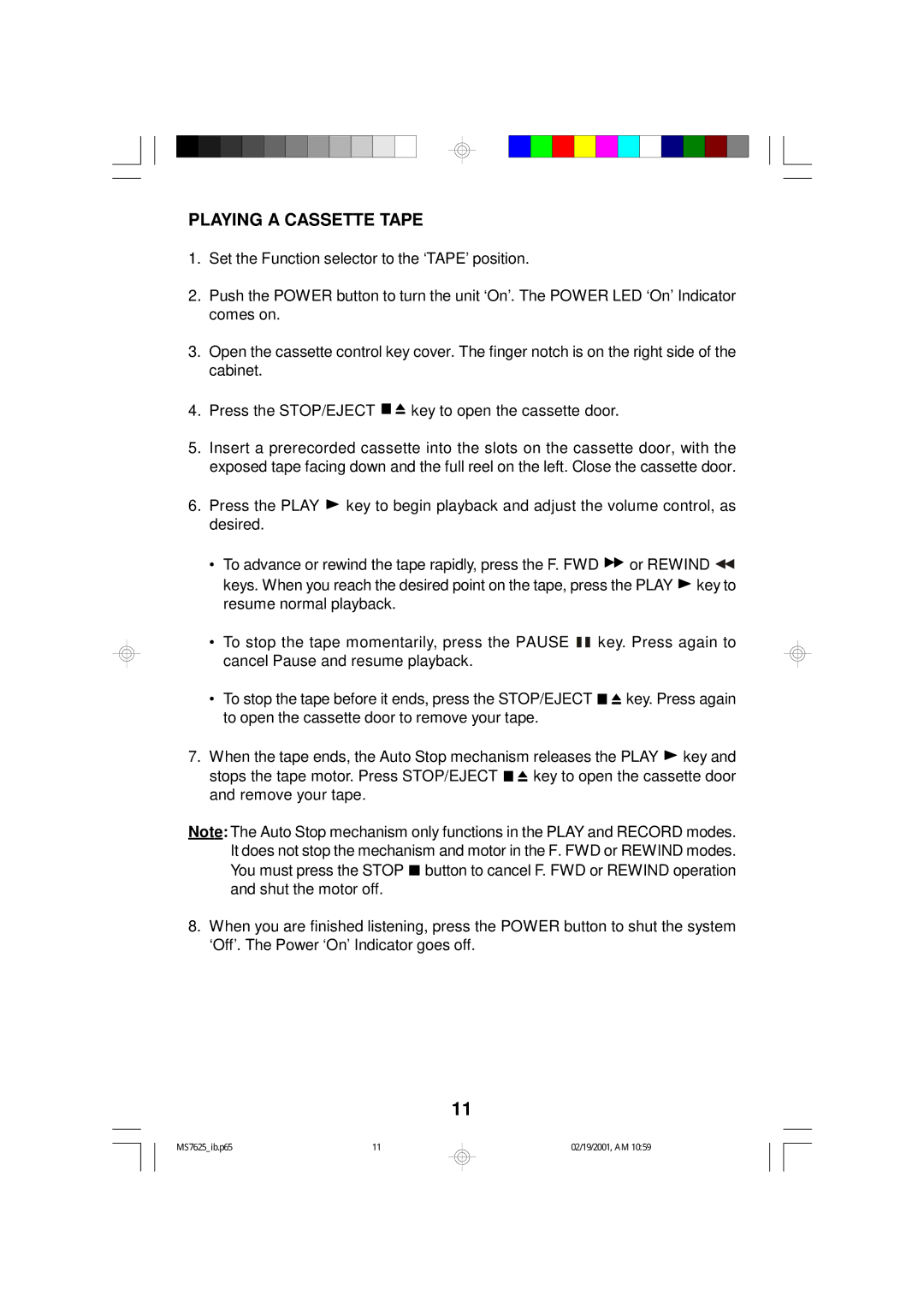 Emerson MS7625 owner manual Playing a Cassette Tape 