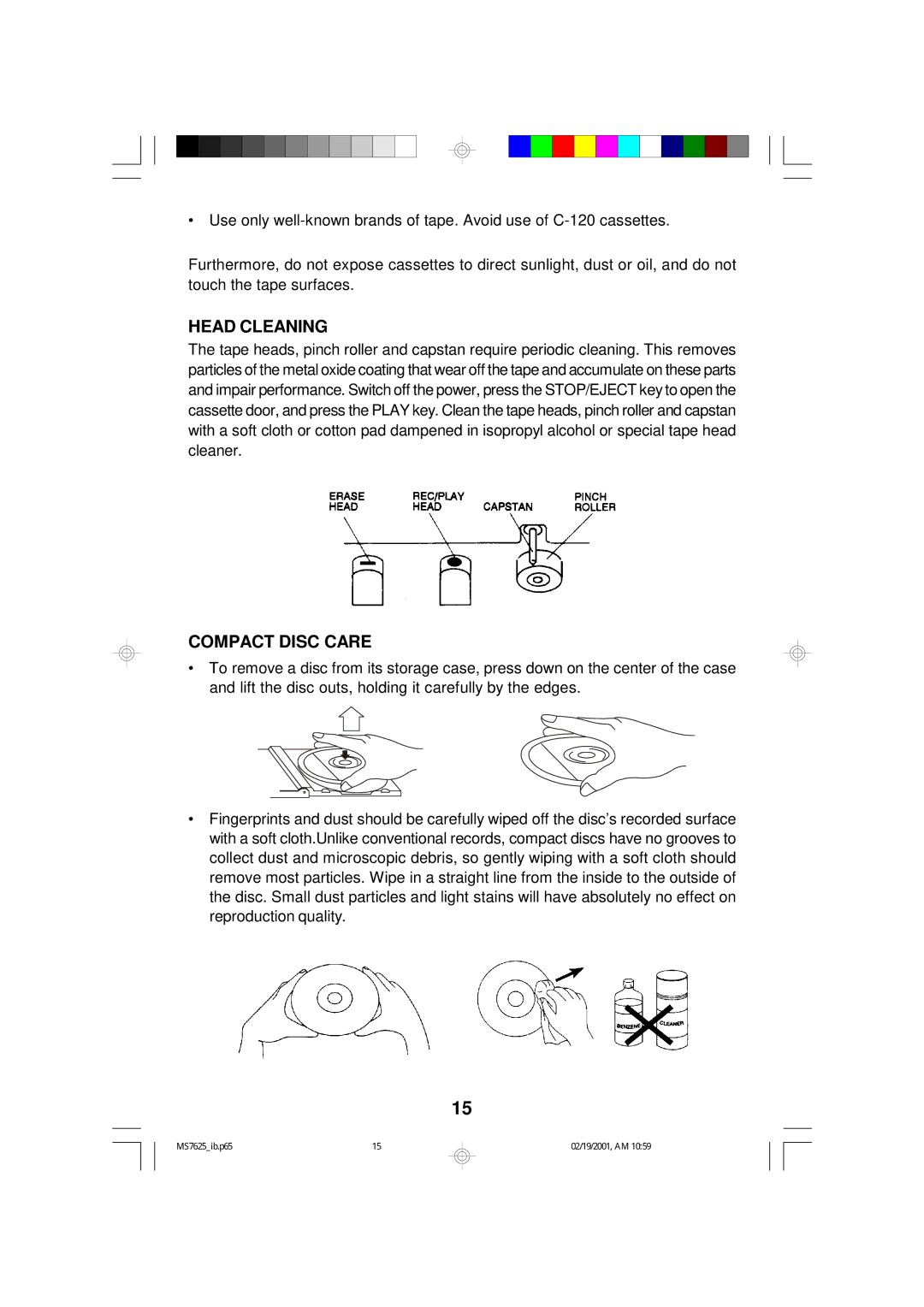 Emerson MS7625 owner manual Head Cleaning, Compact Disc Care 