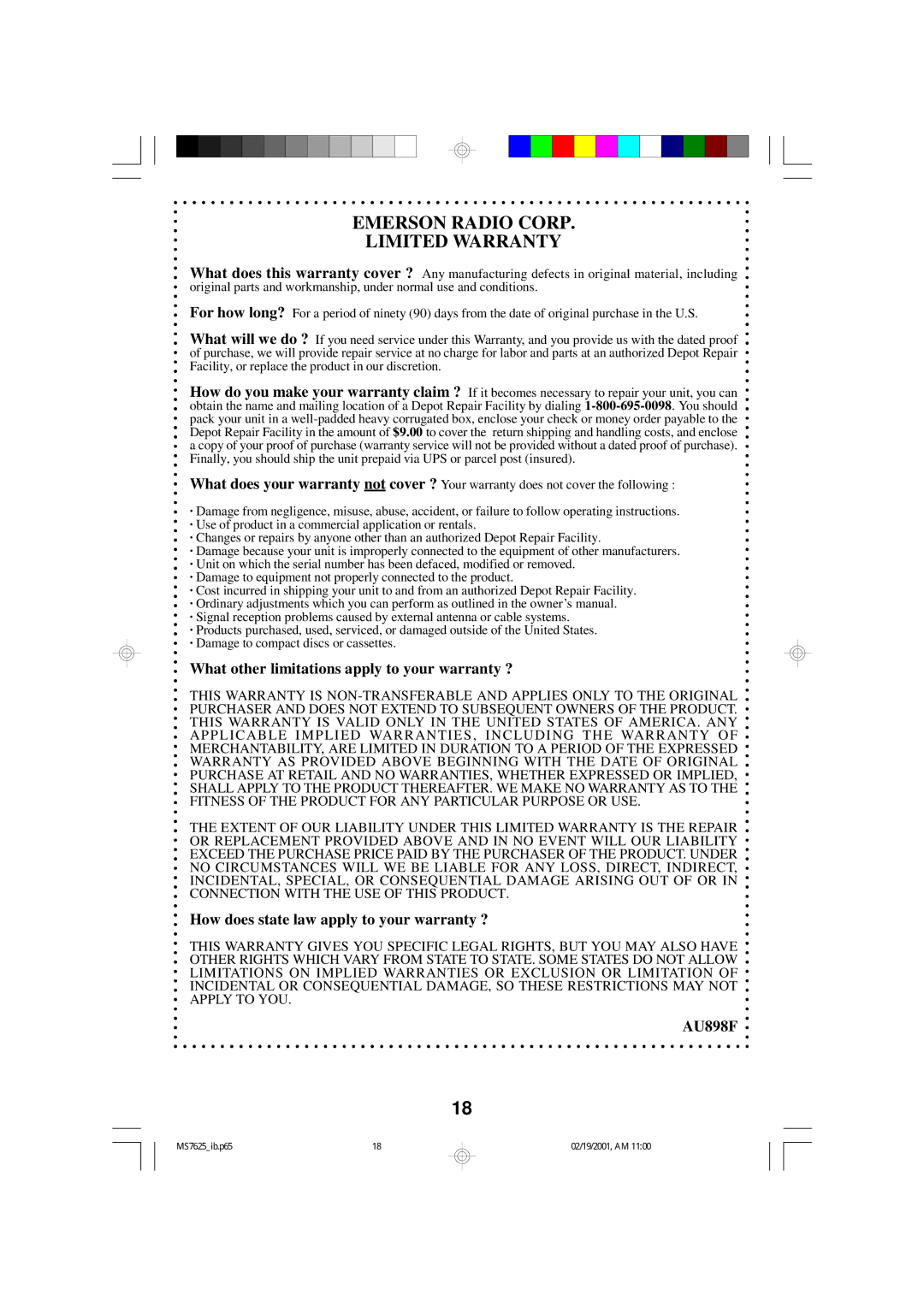 Emerson MS7625 owner manual Emerson Radio Corp Limited Warranty 