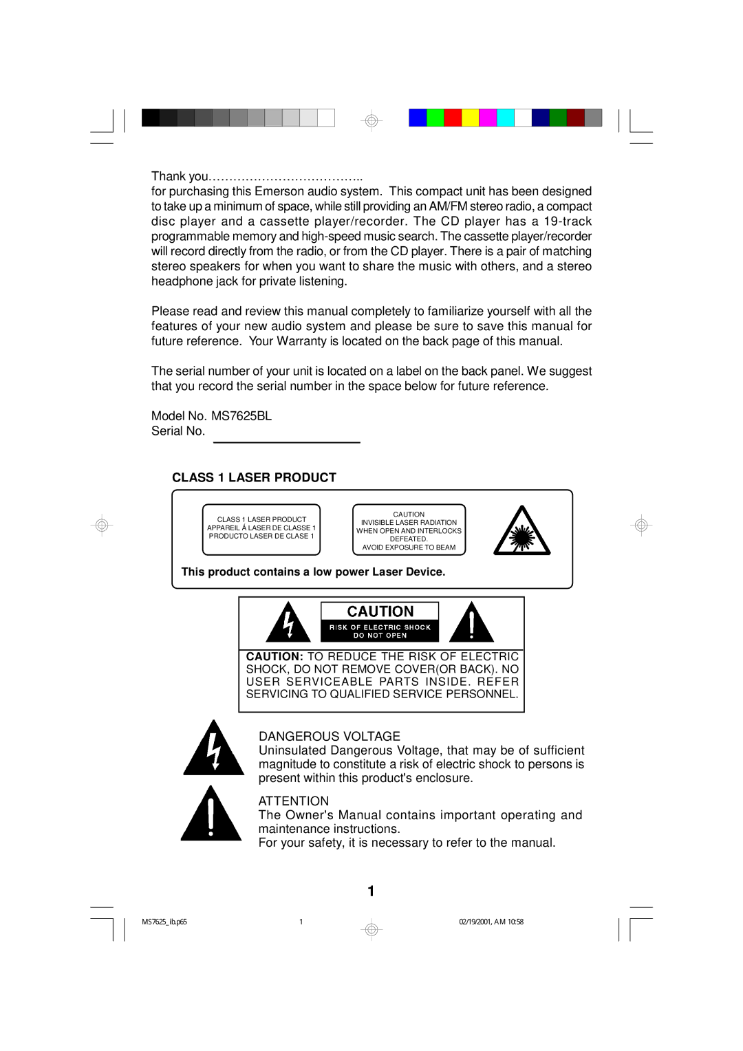 Emerson MS7625 owner manual Class 1 Laser Product, This product contains a low power Laser Device 