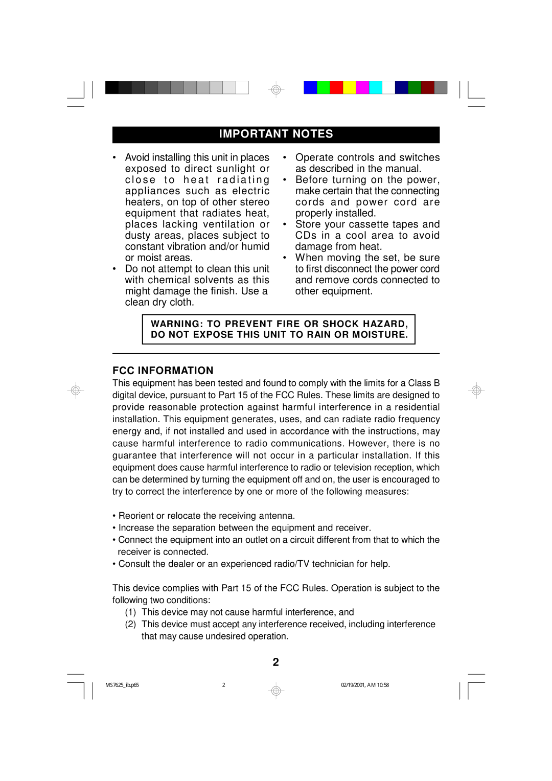 Emerson MS7625 owner manual Important Notes, FCC Information 