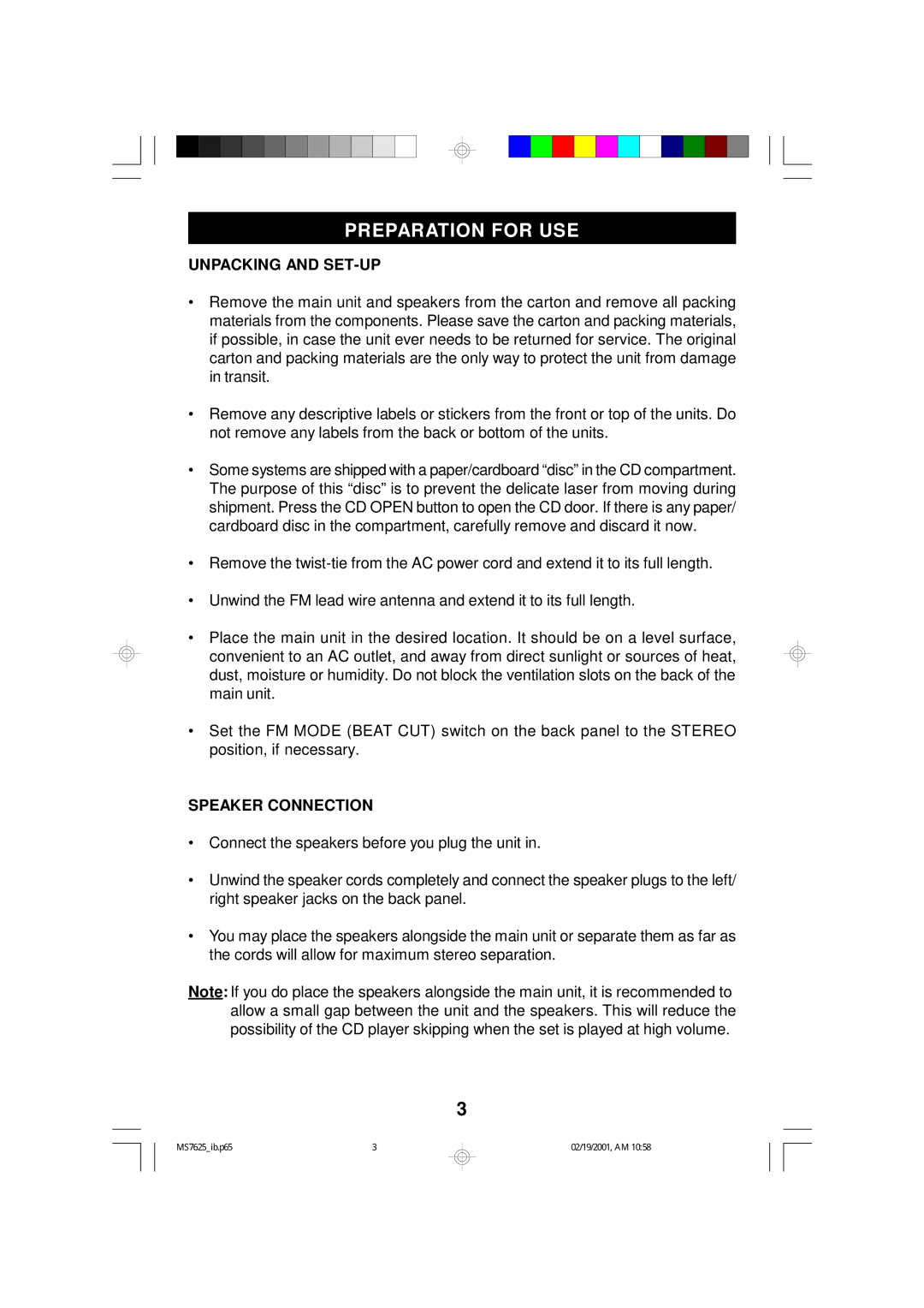 Emerson MS7625 owner manual Preparation for USE, Unpacking and SET-UP, Speaker Connection 