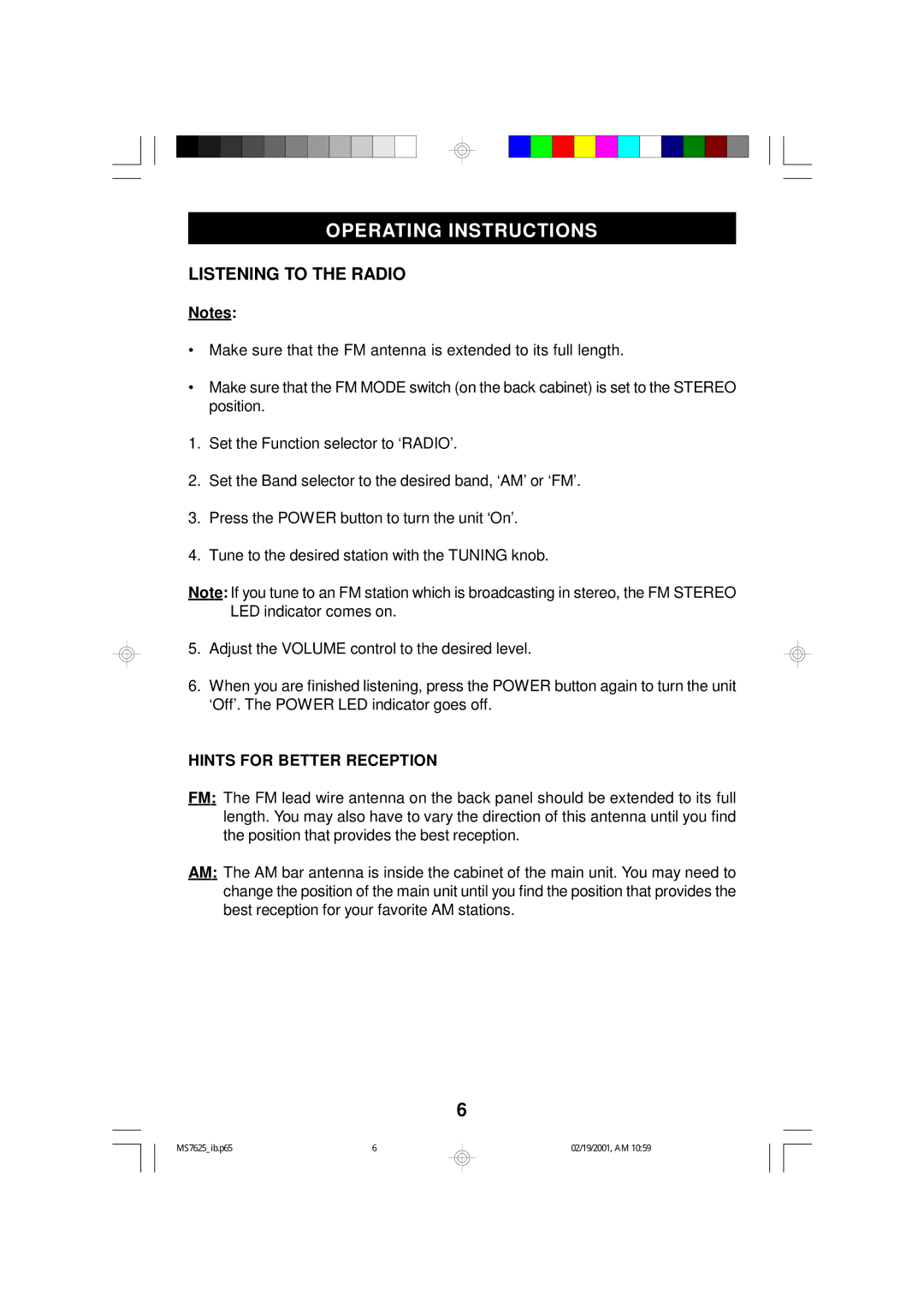 Emerson MS7625 owner manual Operating Instructions, Listening to the Radio, Hints for Better Reception 