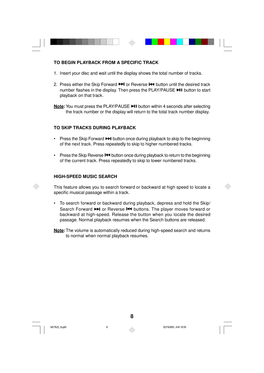 Emerson MS7625 To Begin Playback from a Specific Track, To Skip Tracks During Playback, HIGH-SPEED Music Search 