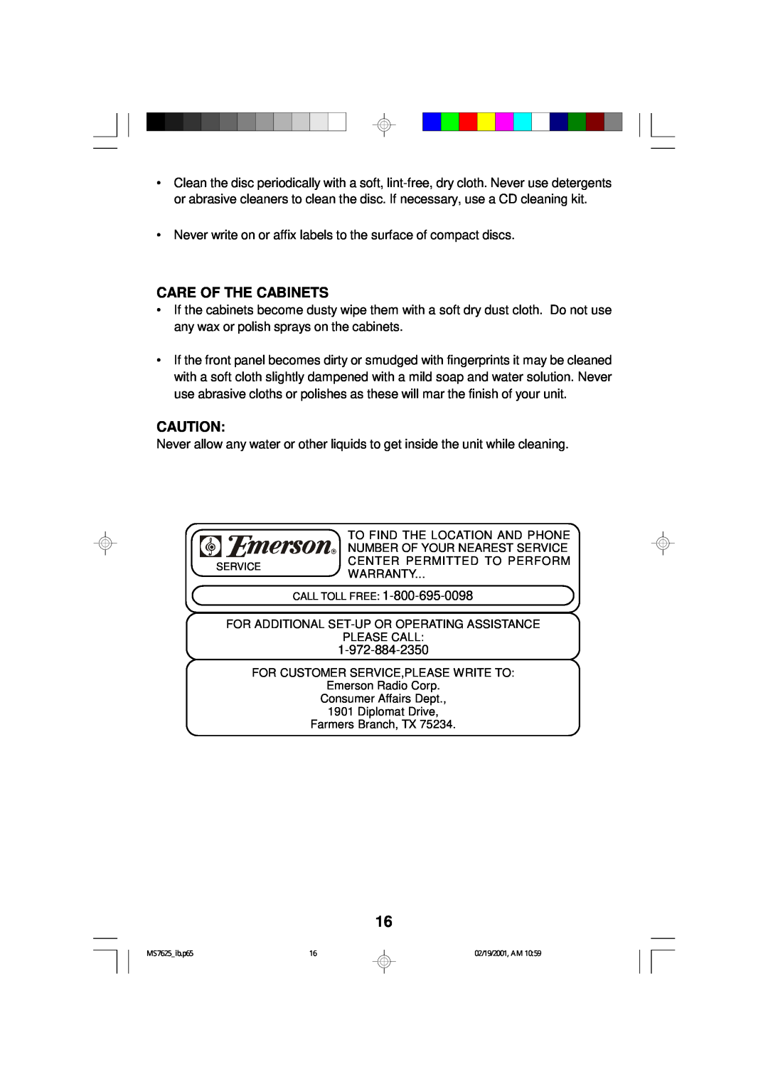 Emerson MS7625 owner manual Care Of The Cabinets 