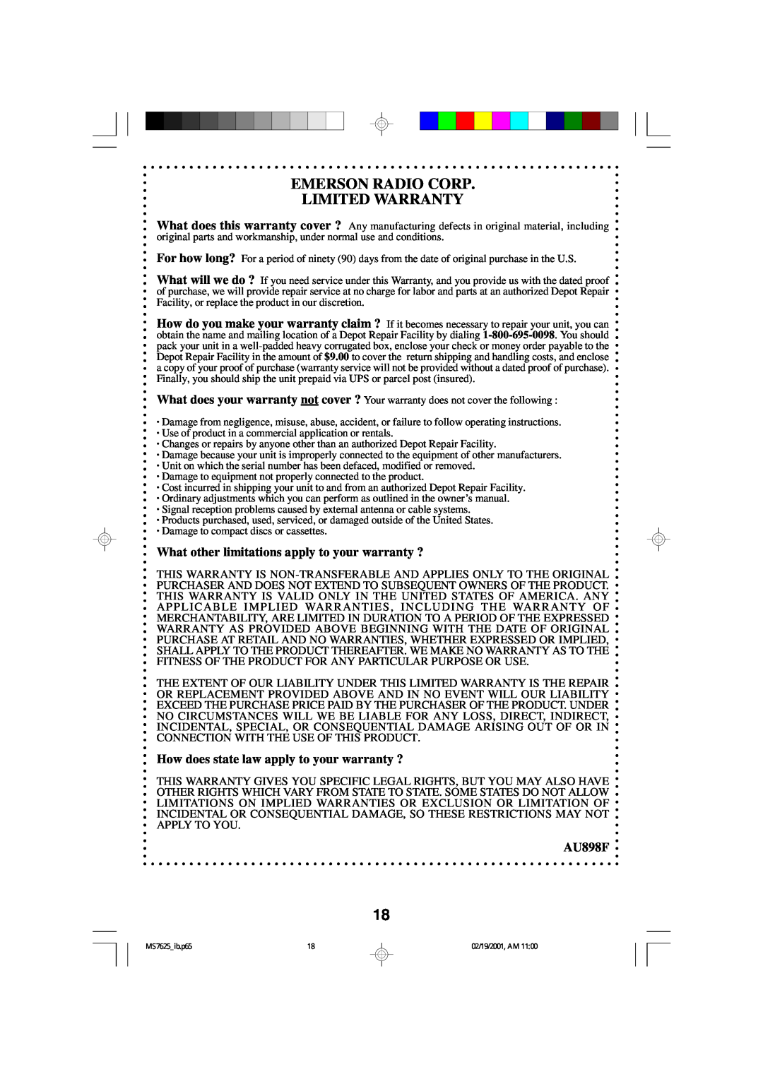 Emerson MS7625 owner manual Emerson Radio Corp Limited Warranty, What other limitations apply to your warranty ?, AU898F 