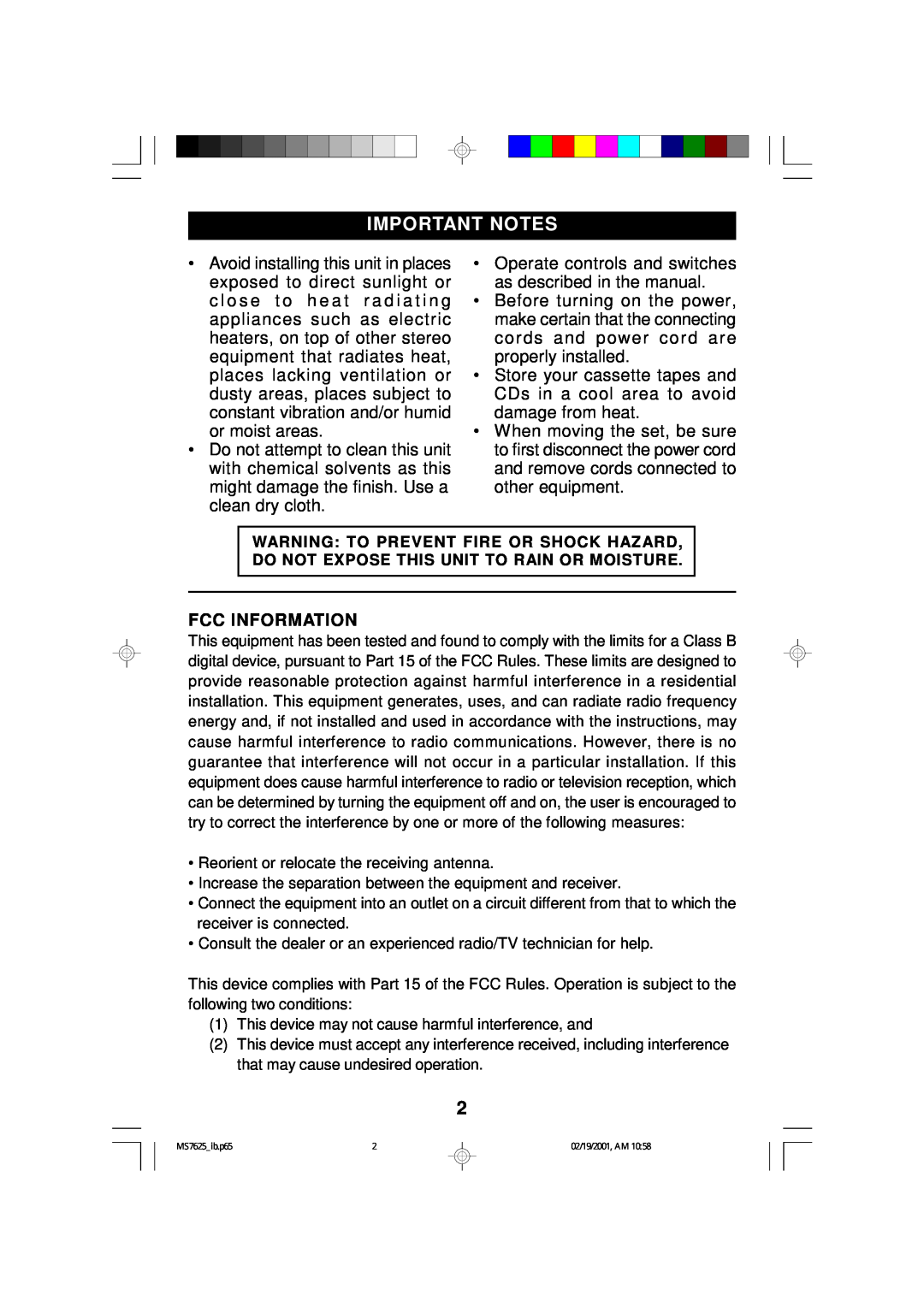 Emerson MS7625 owner manual Important Notes, Fcc Information 