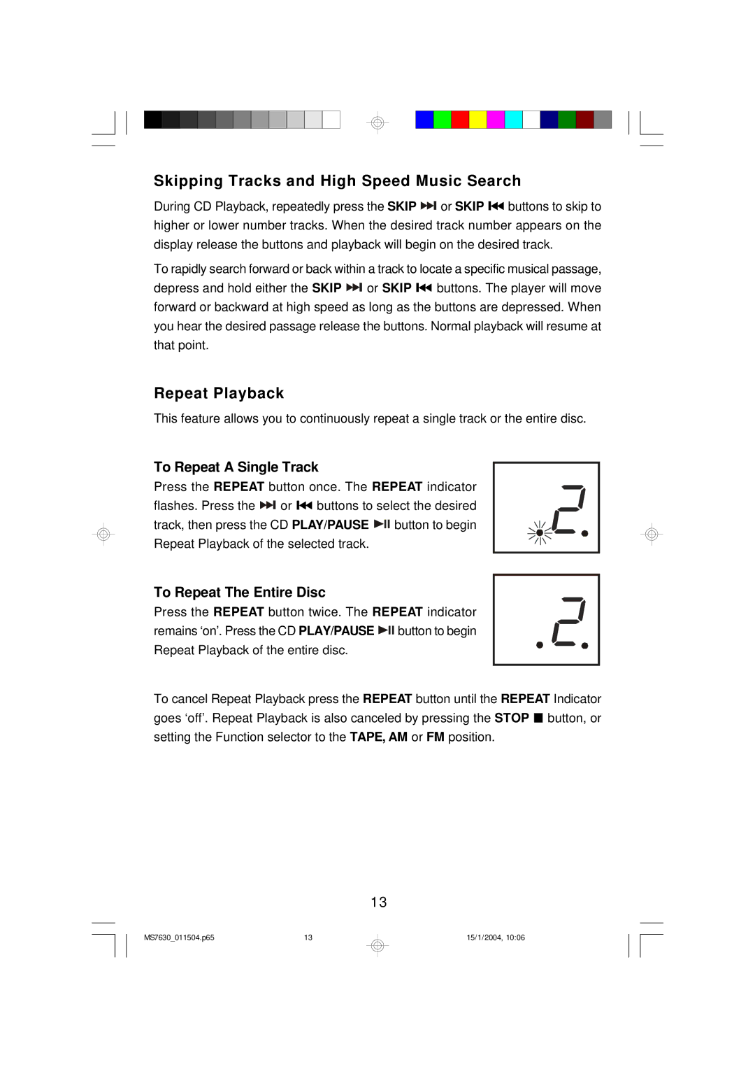 Emerson MS7630 owner manual Skipping Tracks and High Speed Music Search, Repeat Playback 