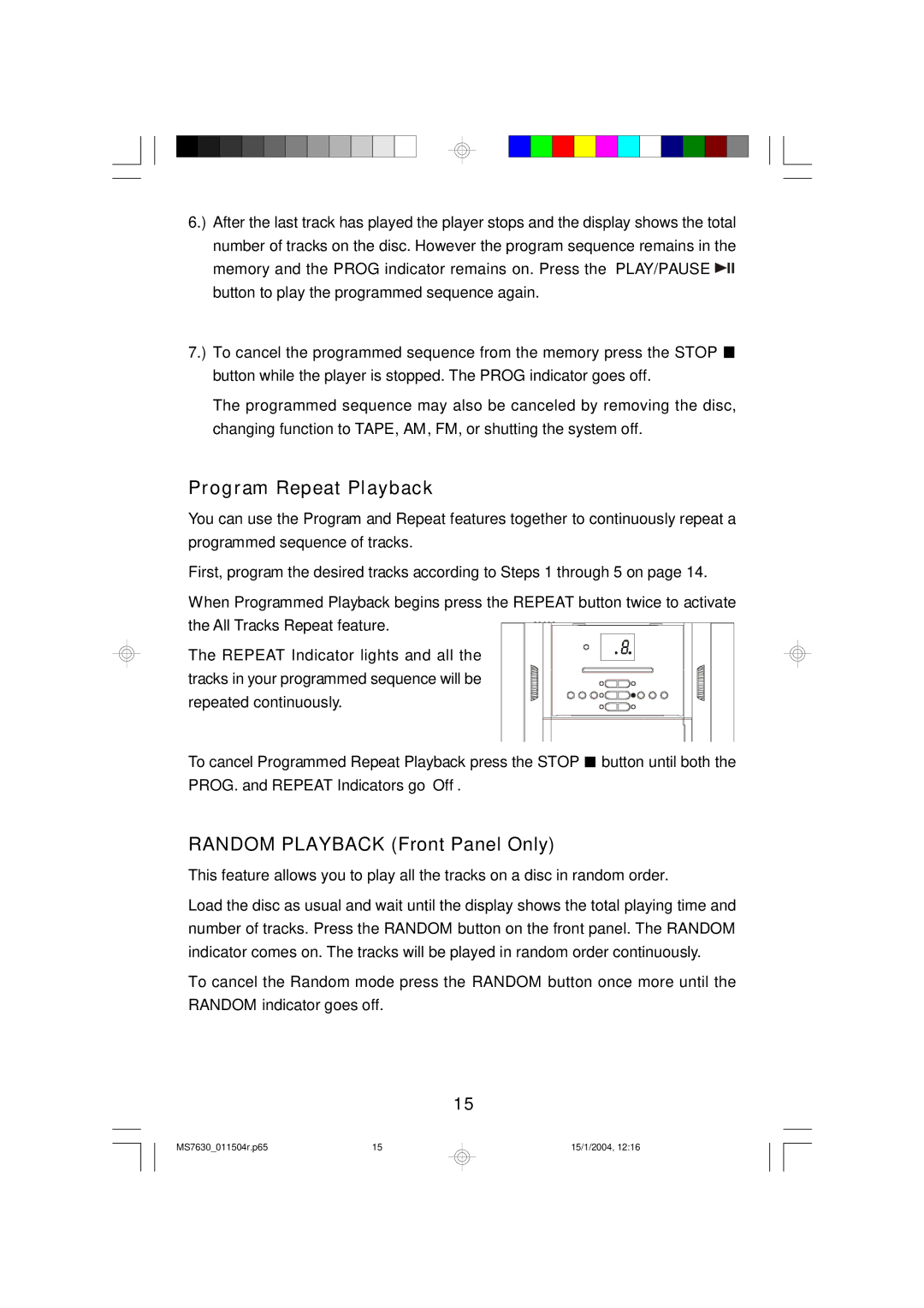 Emerson MS7630 owner manual Program Repeat Playback, Random Playback Front Panel Only 