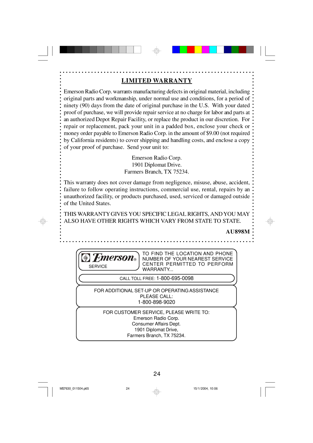 Emerson MS7630 owner manual Limited Warranty 