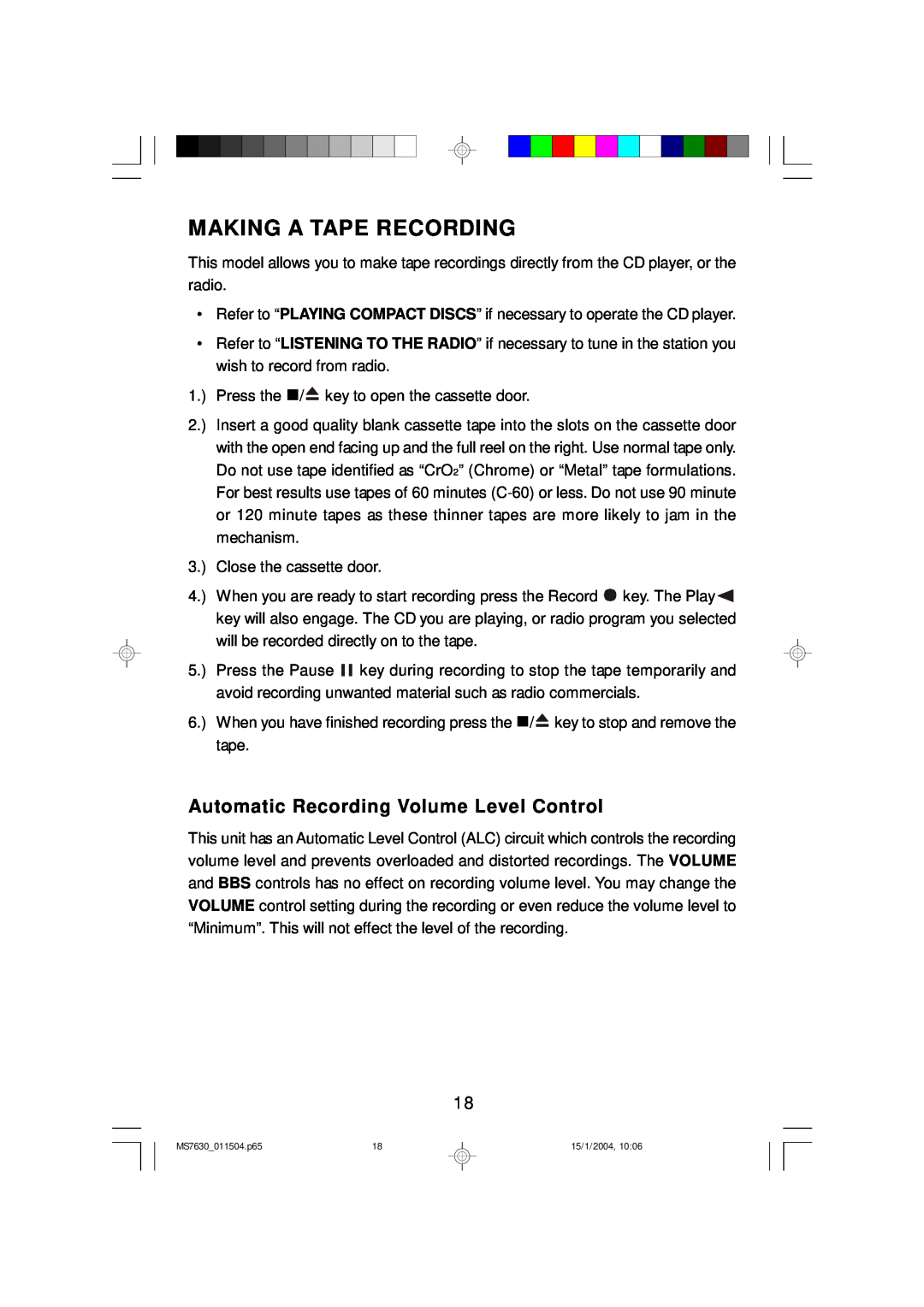 Emerson MS7630 owner manual Making A Tape Recording, Automatic Recording Volume Level Control 