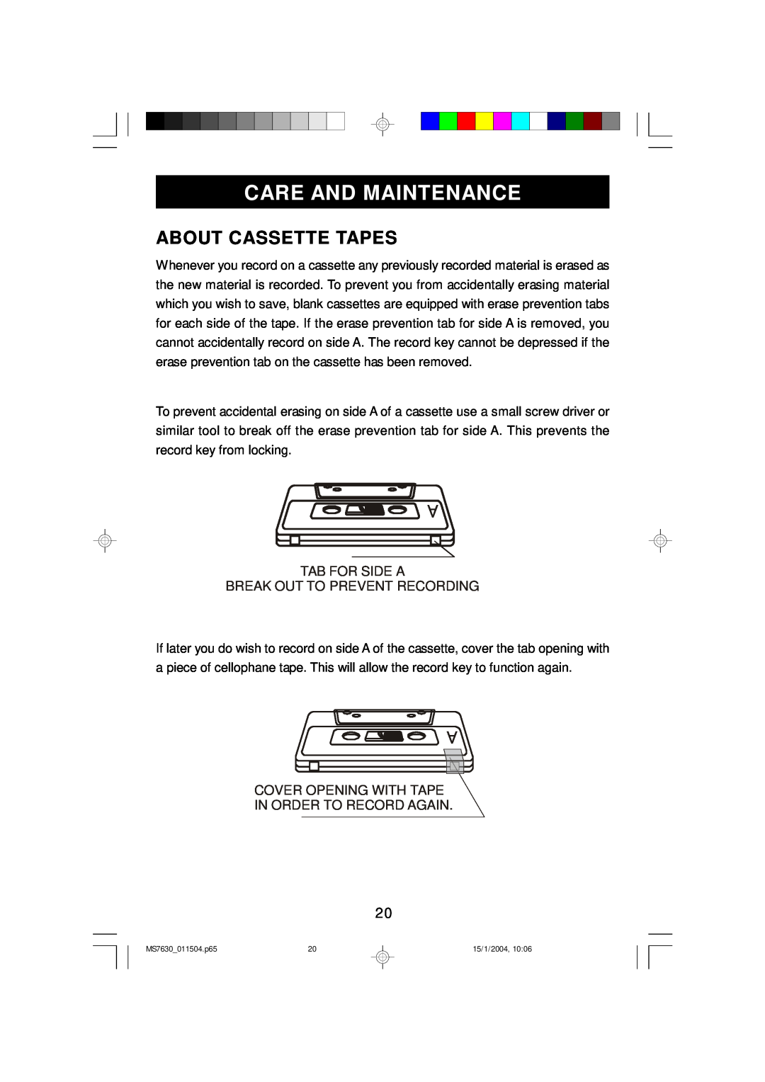 Emerson MS7630 owner manual Care And Maintenance, About Cassette Tapes, Tab For Side A Break Out To Prevent Recording 