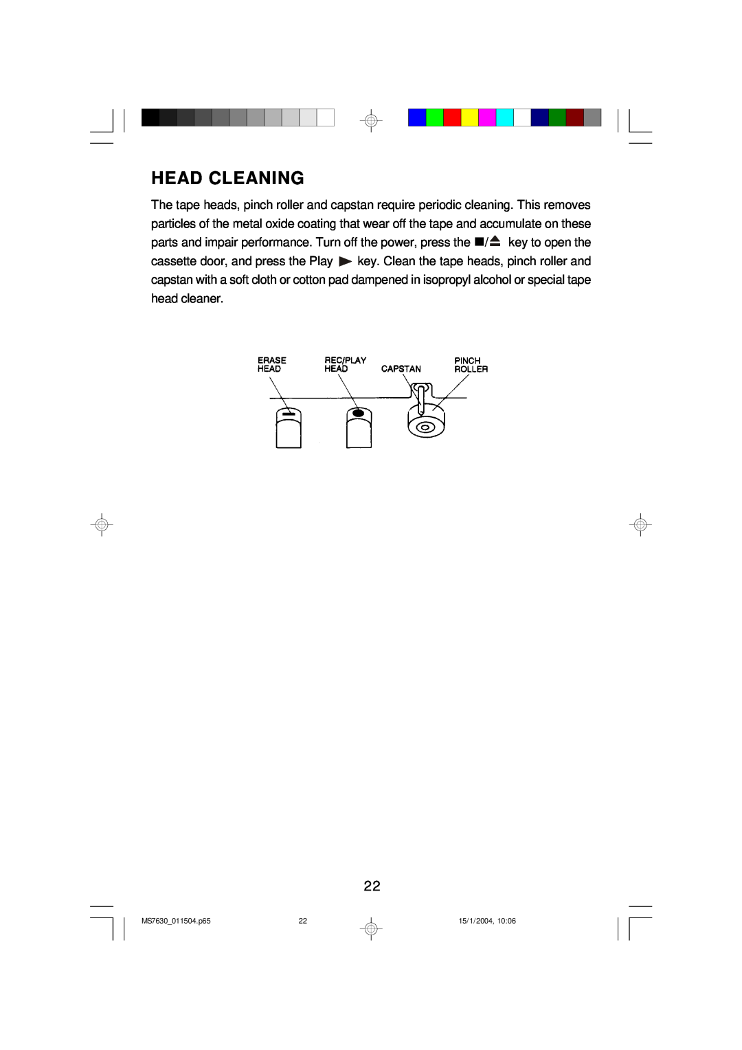 Emerson owner manual Head Cleaning, MS7630 011504.p65, 15/1/2004 