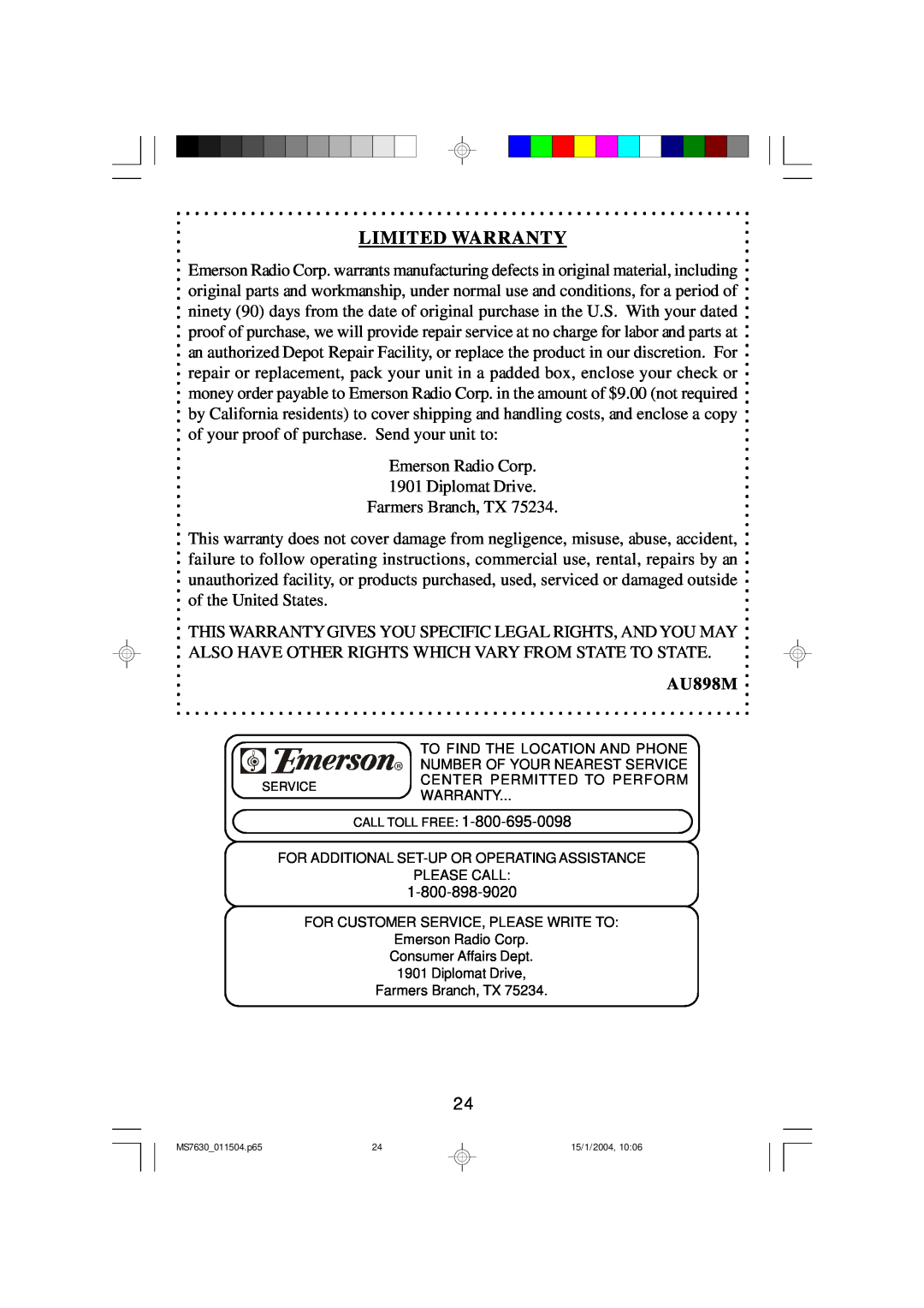 Emerson MS7630 owner manual Limited Warranty, AU898M 