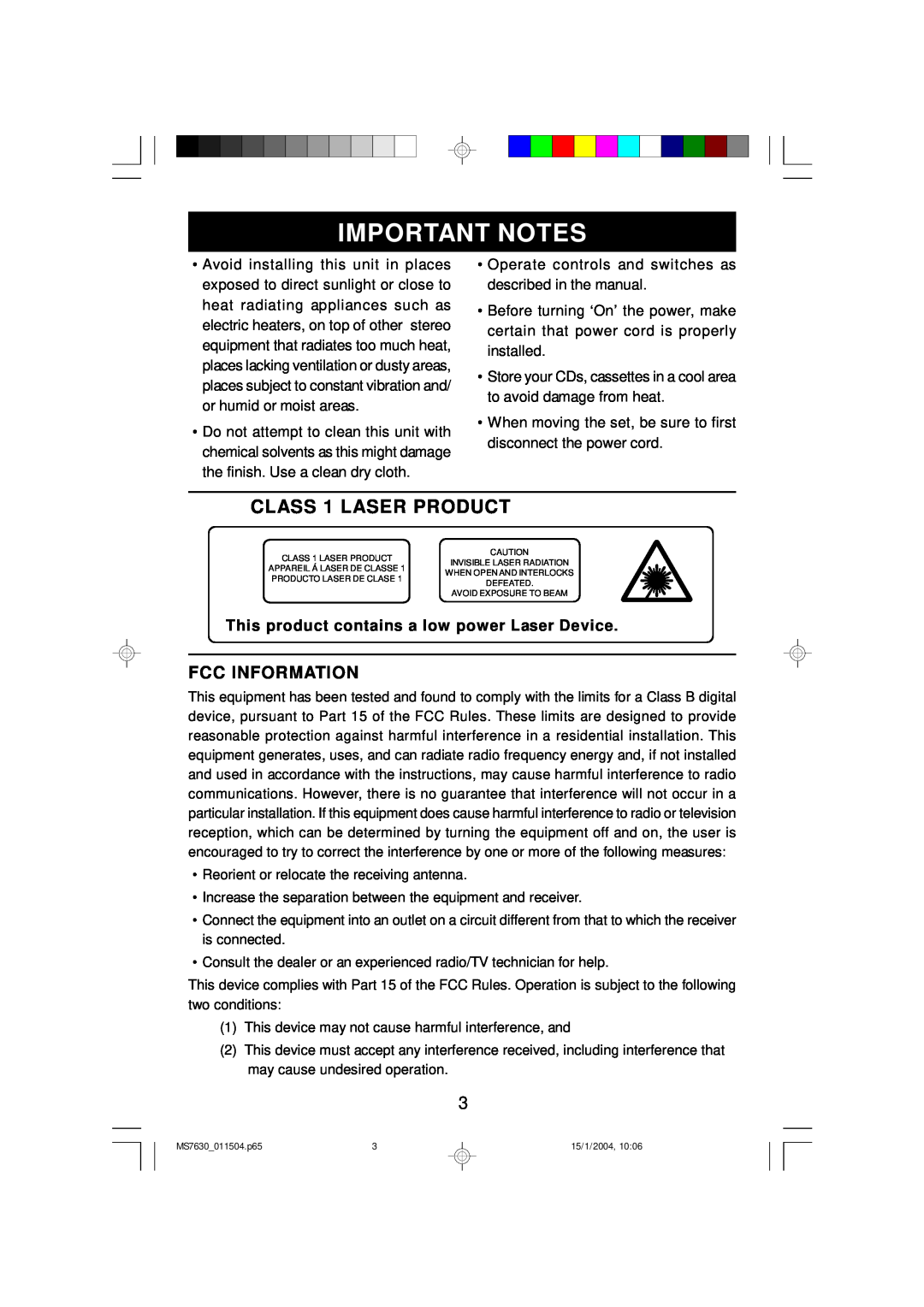 Emerson MS7630 Important Notes, CLASS 1 LASER PRODUCT, Fcc Information, This product contains a low power Laser Device 