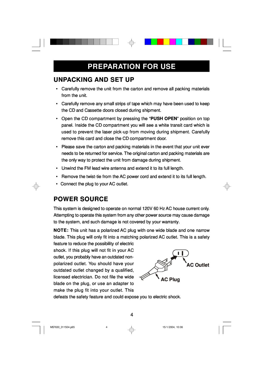 Emerson MS7630 owner manual Preparation For Use, Unpacking And Set Up, Power Source 