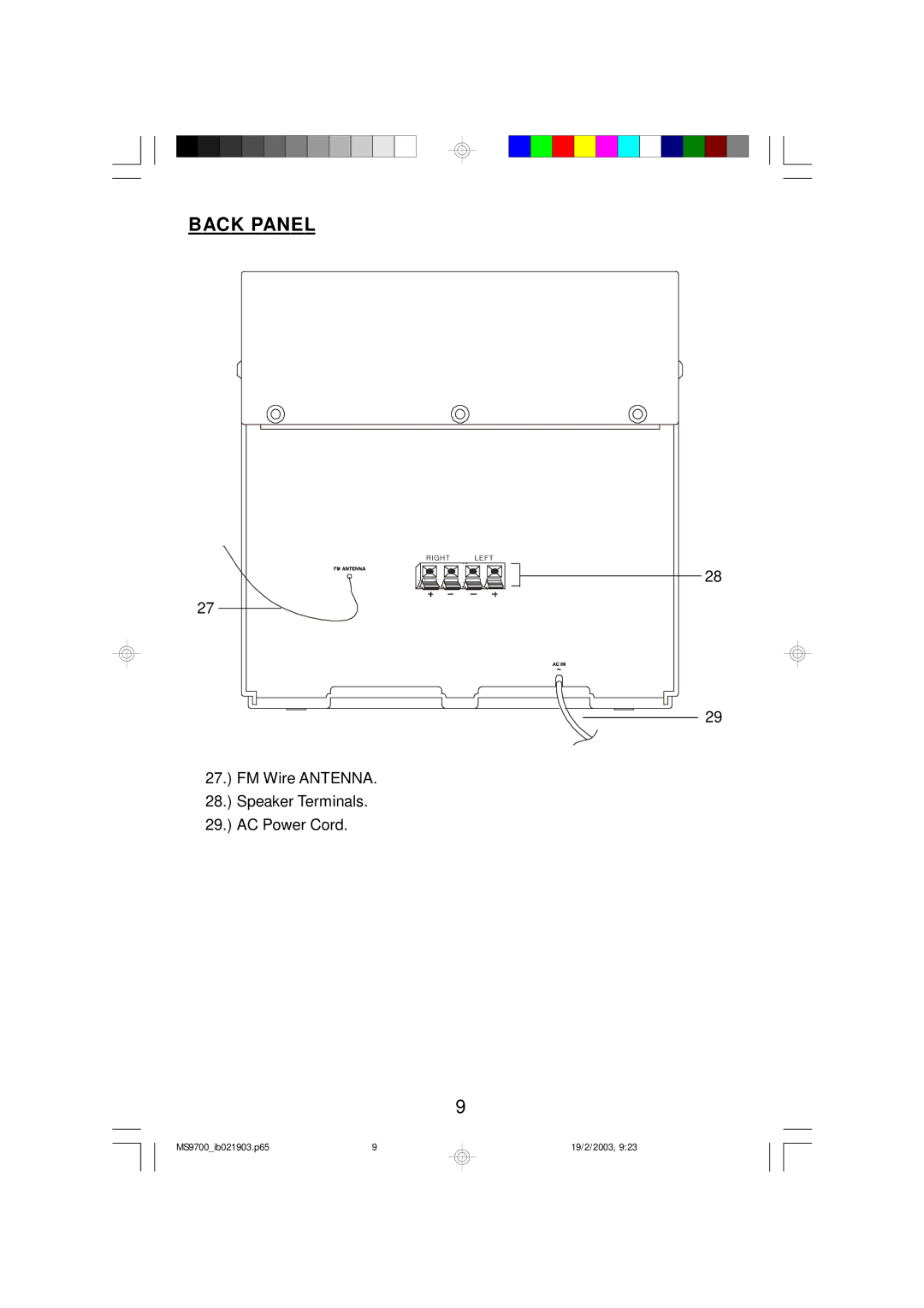 Emerson MS9700 owner manual Back Panel 