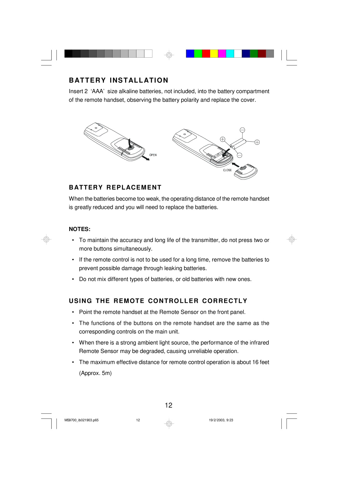 Emerson MS9700 owner manual Batte RY I NS Tallatio N, Battery Replacem ENT, USI NG the REM O TE CO Ntro Ller CO Rrectly 