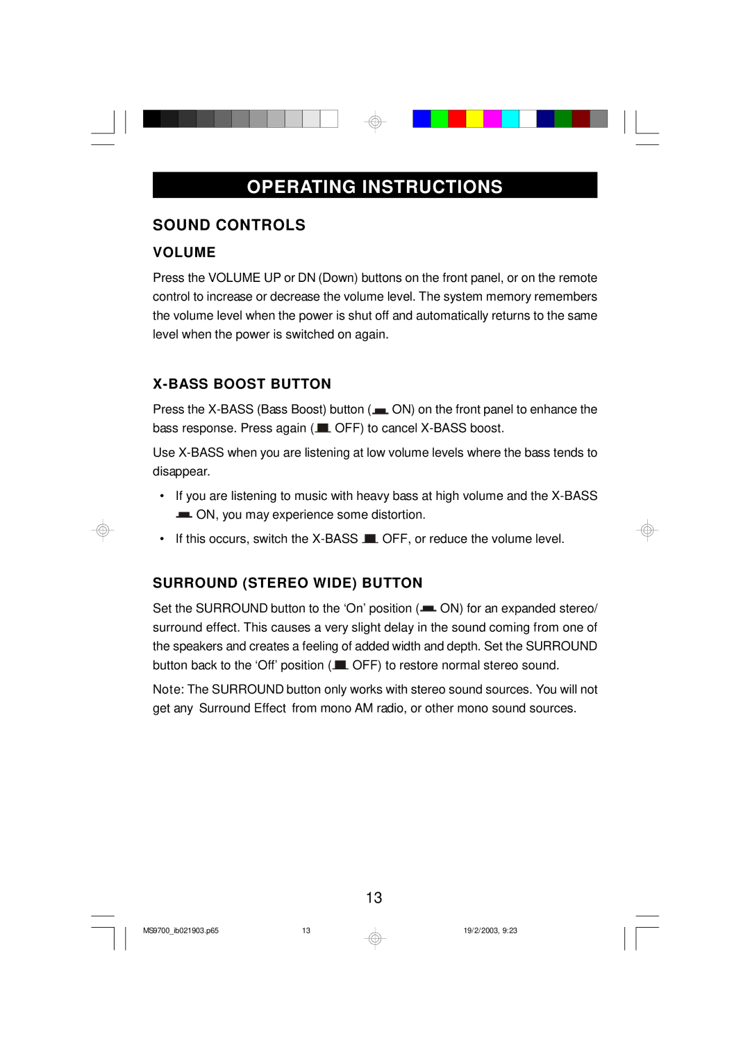 Emerson MS9700 owner manual Operating Instructions, Sound Controls, Volume, Bass Boost Button, Surround Stereo Wide Button 