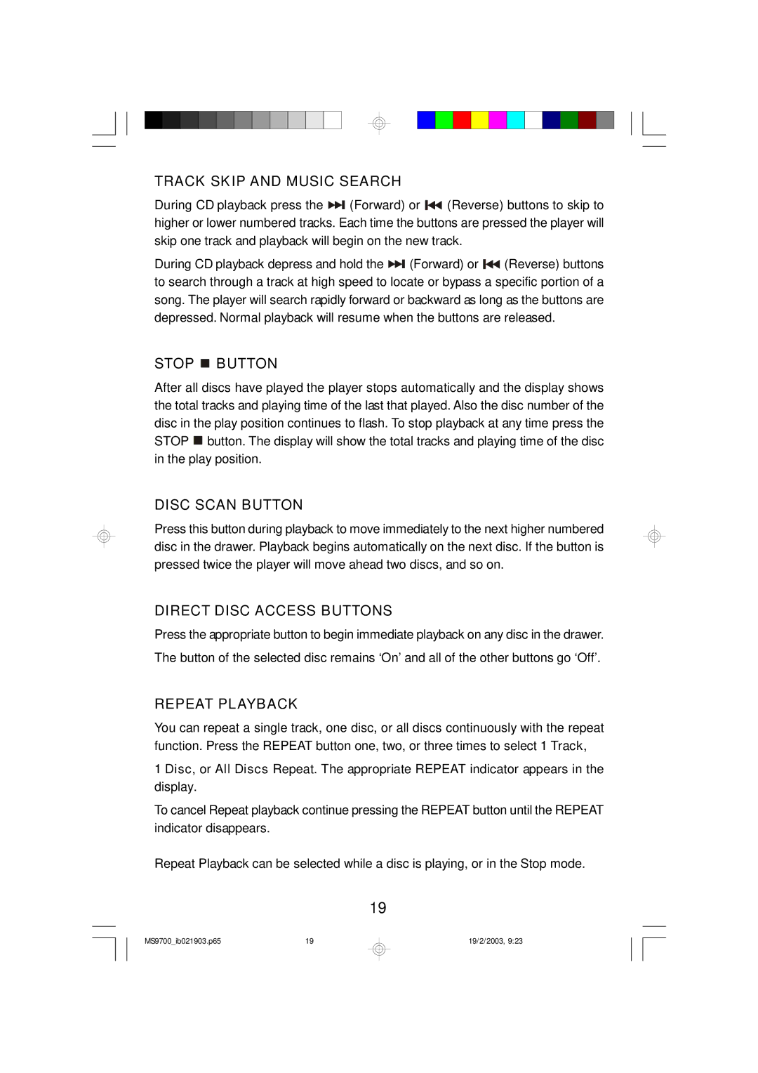 Emerson MS9700 Track Skip and Music Search, Stop Button, Disc Scan Button, Direct Disc Access Buttons, Repeat Playback 