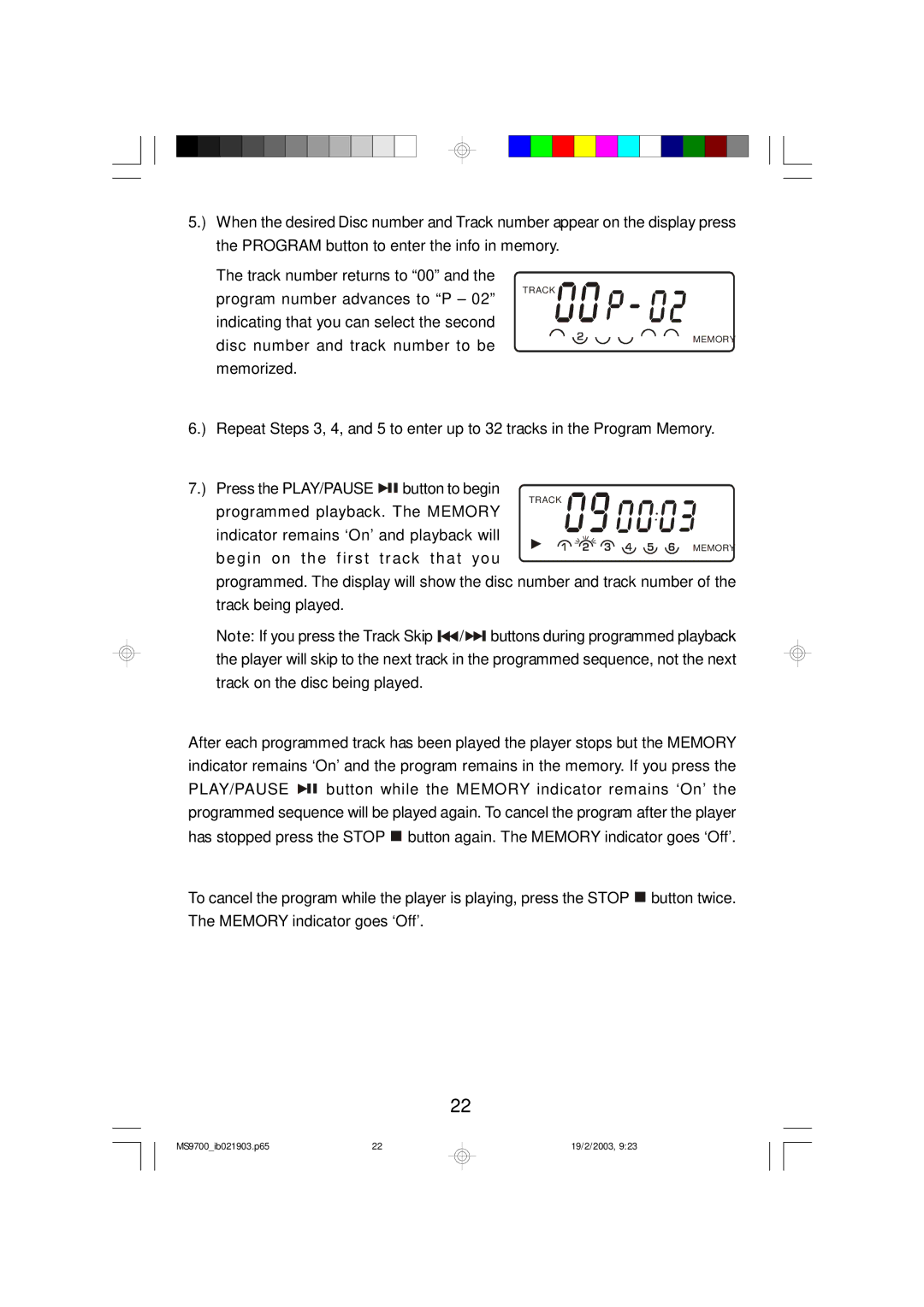 Emerson MS9700 owner manual Programmed playback. The Memory 