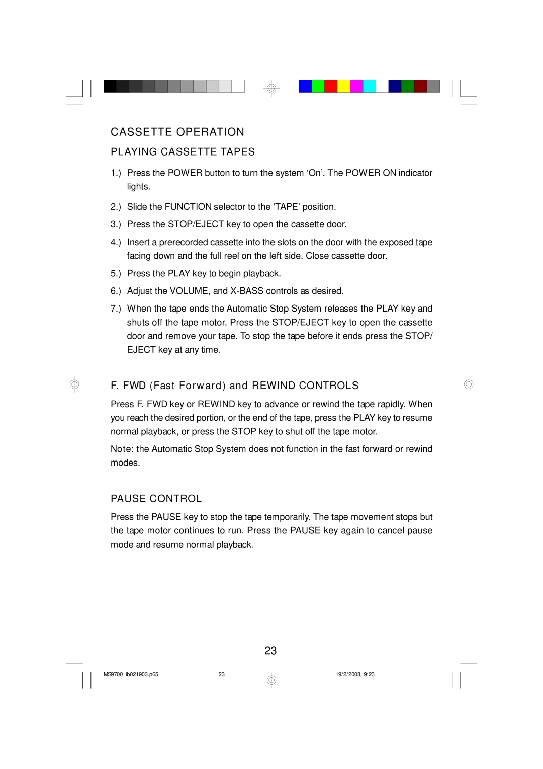 Emerson MS9700 owner manual Cassette Operation, Playing Cassette Tapes 