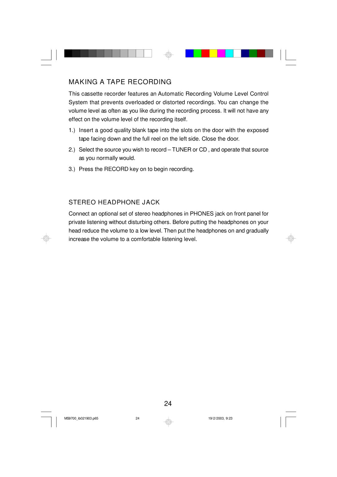 Emerson MS9700 owner manual Making a Tape Recording, Stereo Headphone Jack 