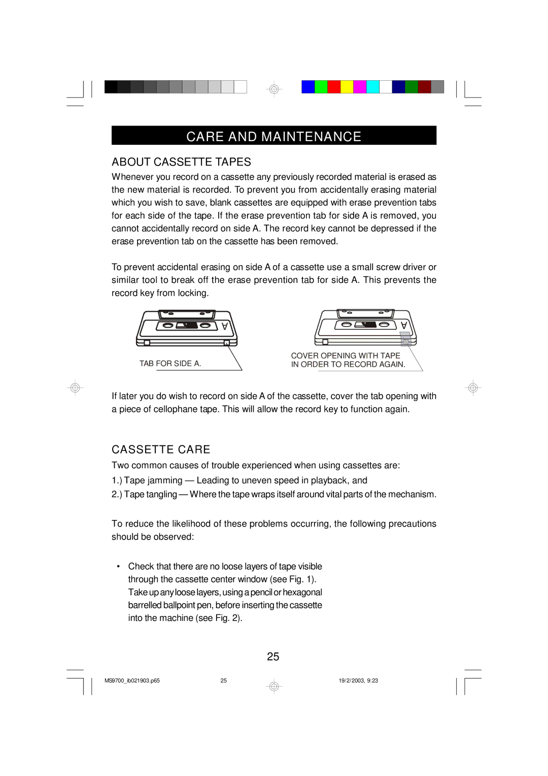 Emerson MS9700 owner manual Care and Maintenance, About Cassette Tapes, Cassette Care 