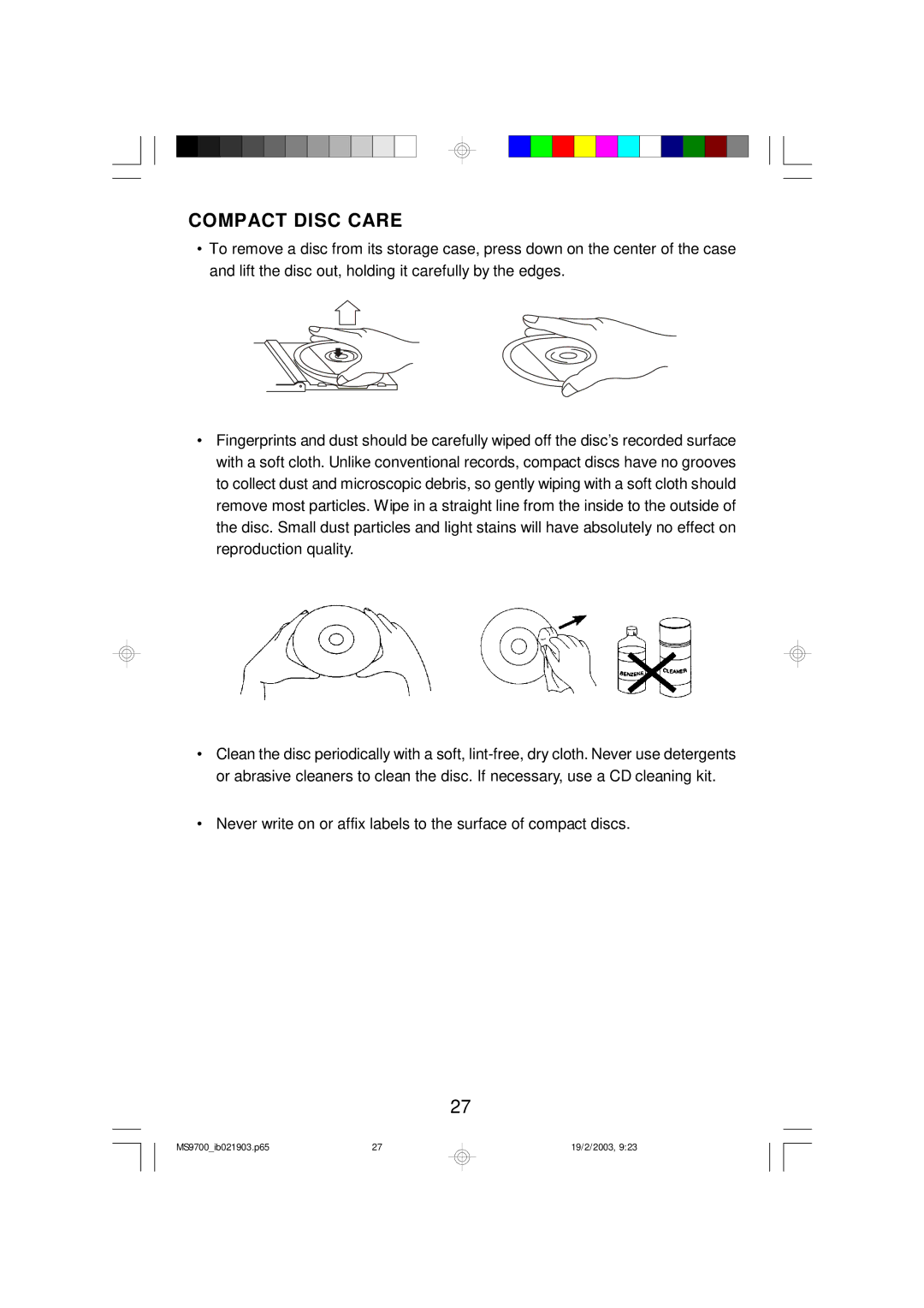 Emerson MS9700 owner manual Compact Disc Care 