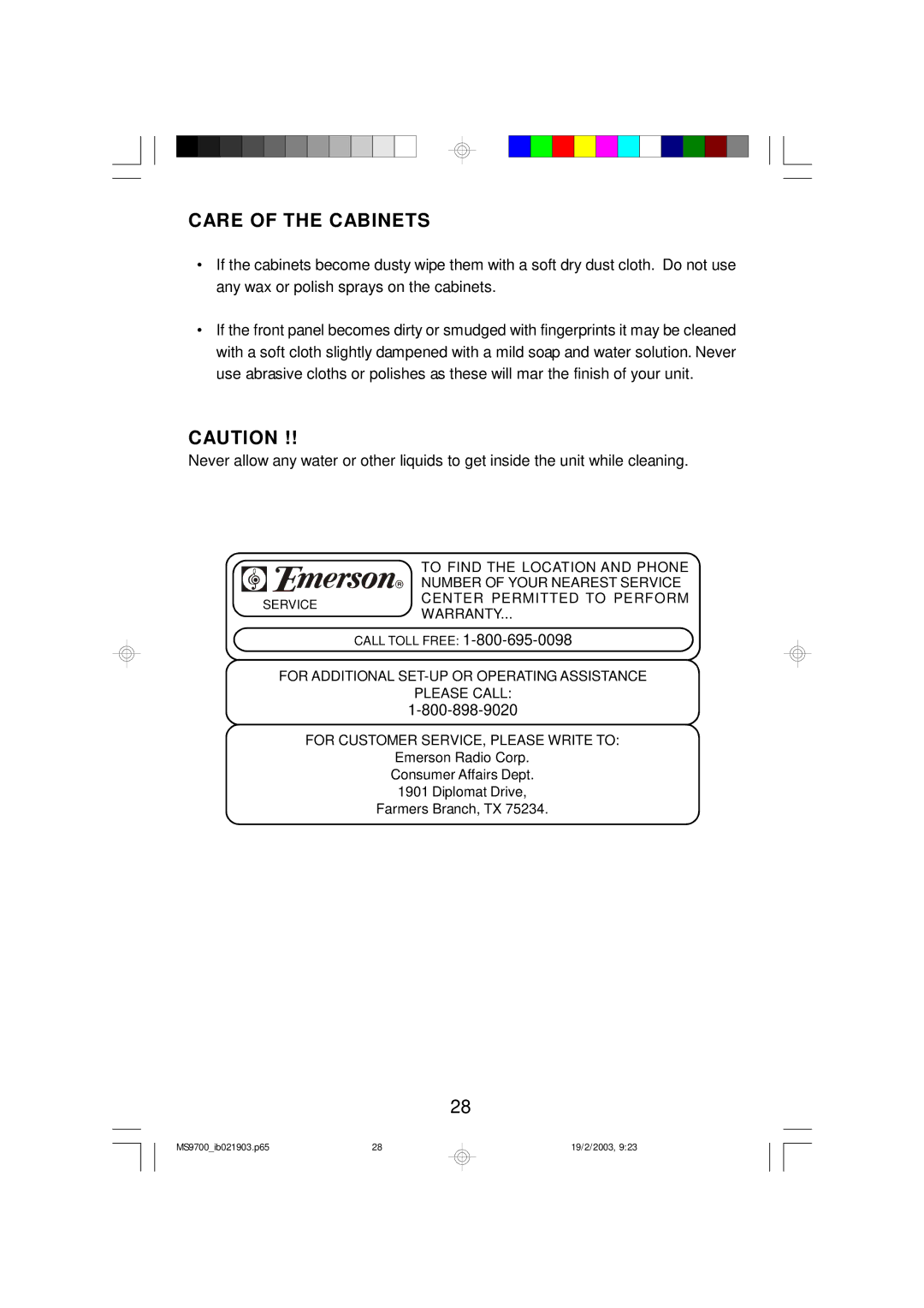 Emerson MS9700 owner manual Care of the Cabinets 