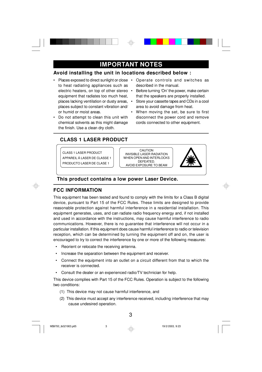 Emerson MS9700 owner manual Important Notes, Class 1 Laser Product, FCC Information 