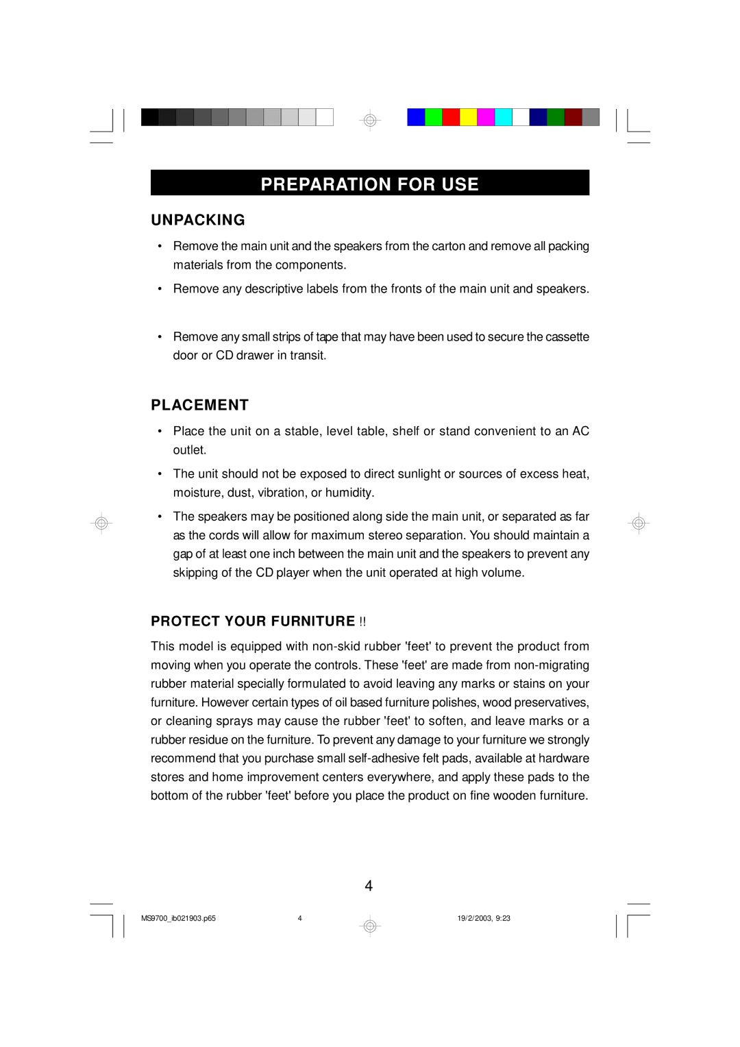 Emerson MS9700 owner manual Preparation for USE, Unpacking, Placement, Protect Your Furniture 