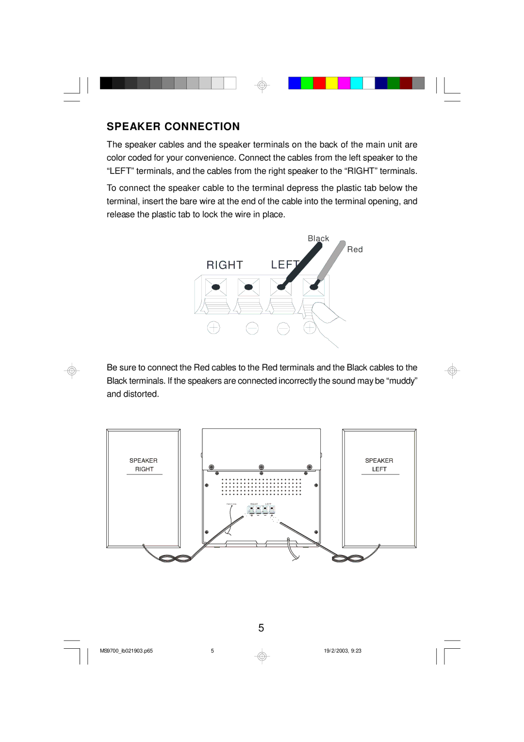 Emerson MS9700 owner manual Right Left, Speaker Connection 