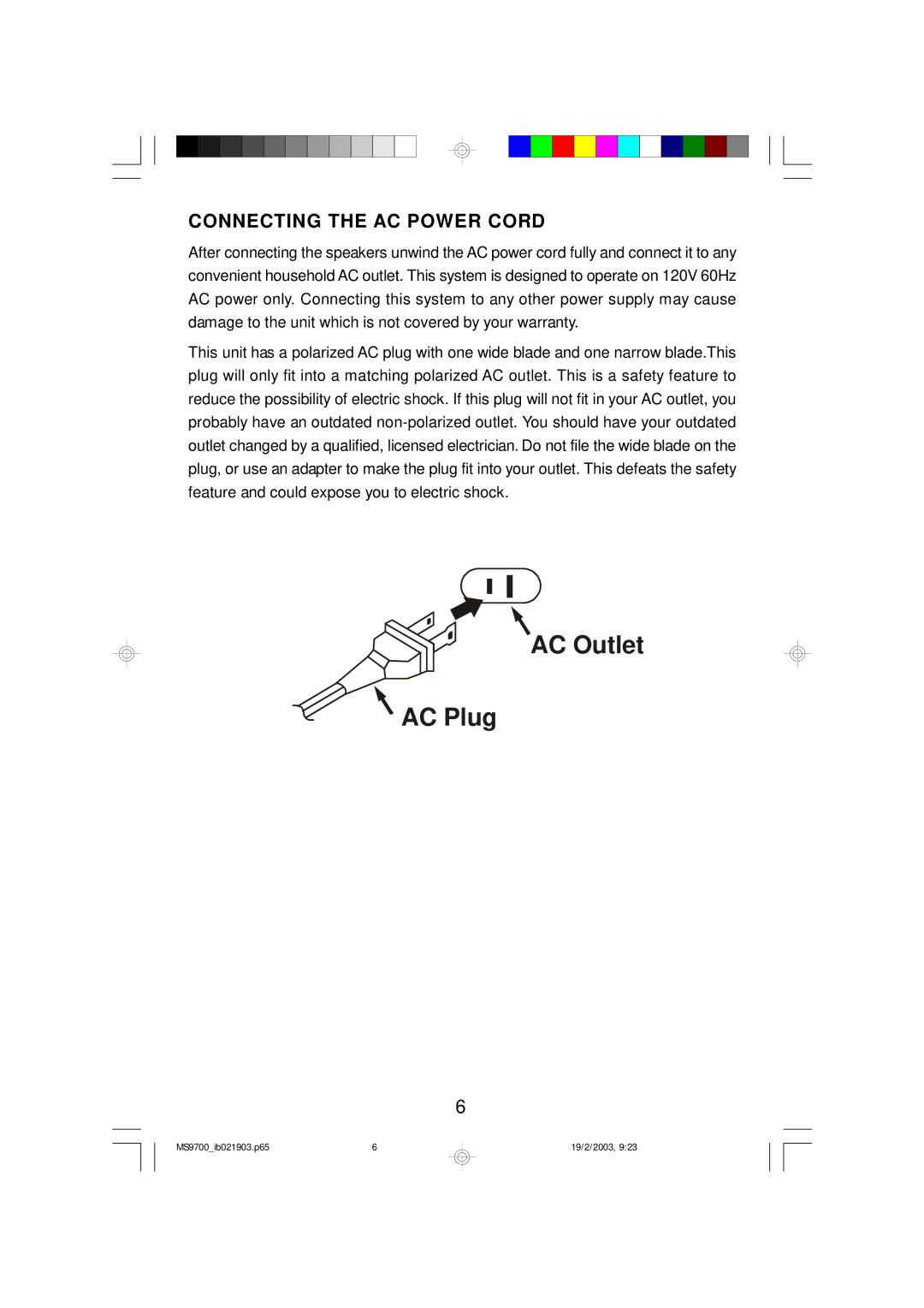 Emerson MS9700 owner manual AC Outlet AC Plug, Connecting the AC Power Cord 