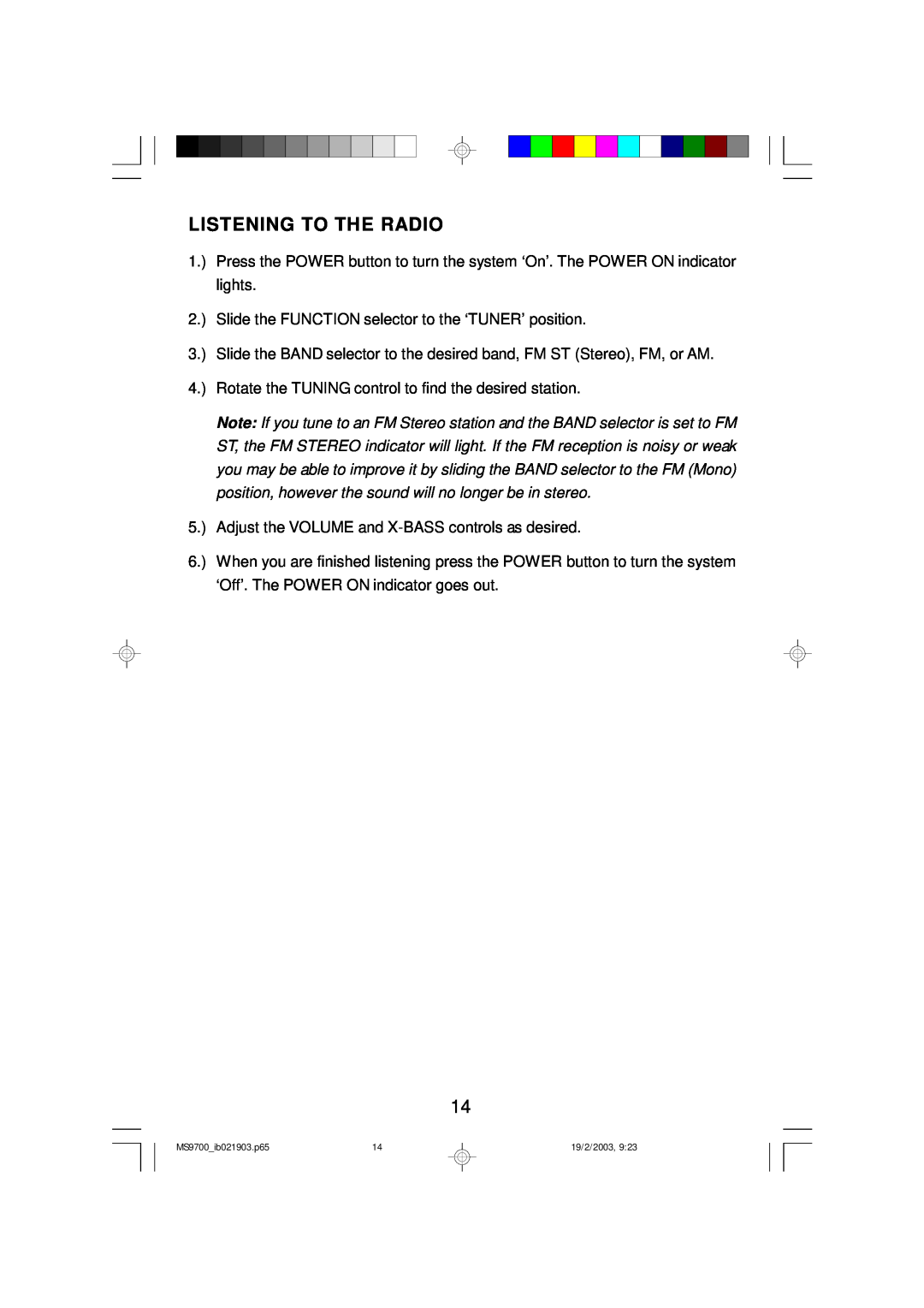 Emerson owner manual Listening To The Radio, MS9700 ib021903.p65, 19/2/2003 