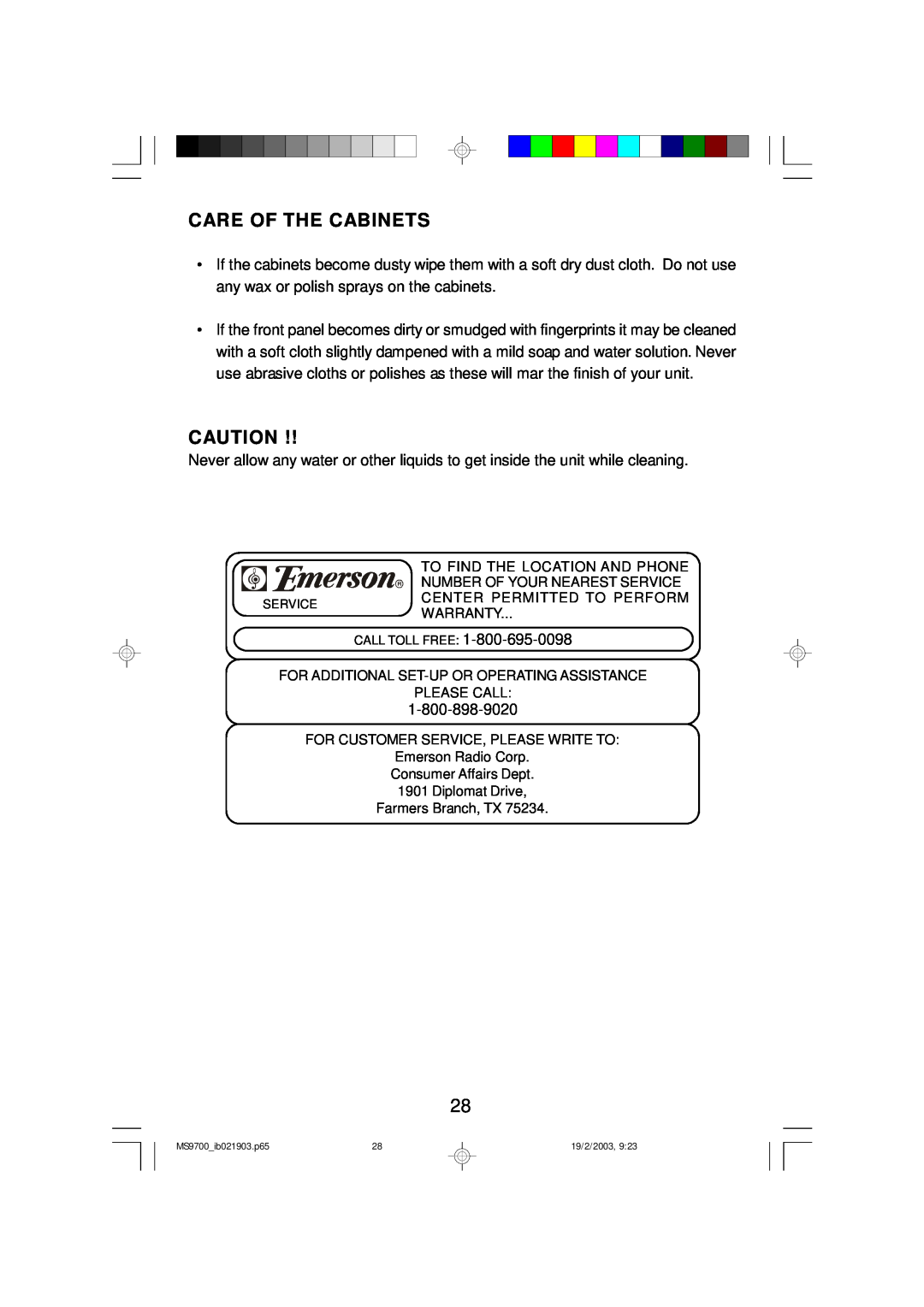 Emerson MS9700 owner manual Care Of The Cabinets 