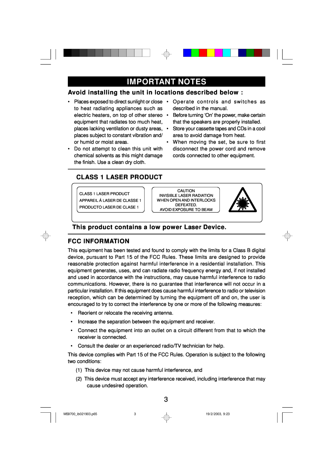 Emerson MS9700 Important Notes, CLASS 1 LASER PRODUCT, This product contains a low power Laser Device, Fcc Information 
