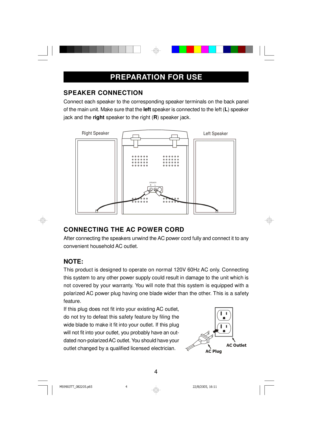 Emerson MS9903TT owner manual Preparation for USE, Speaker Connection, Connecting the AC Power Cord 