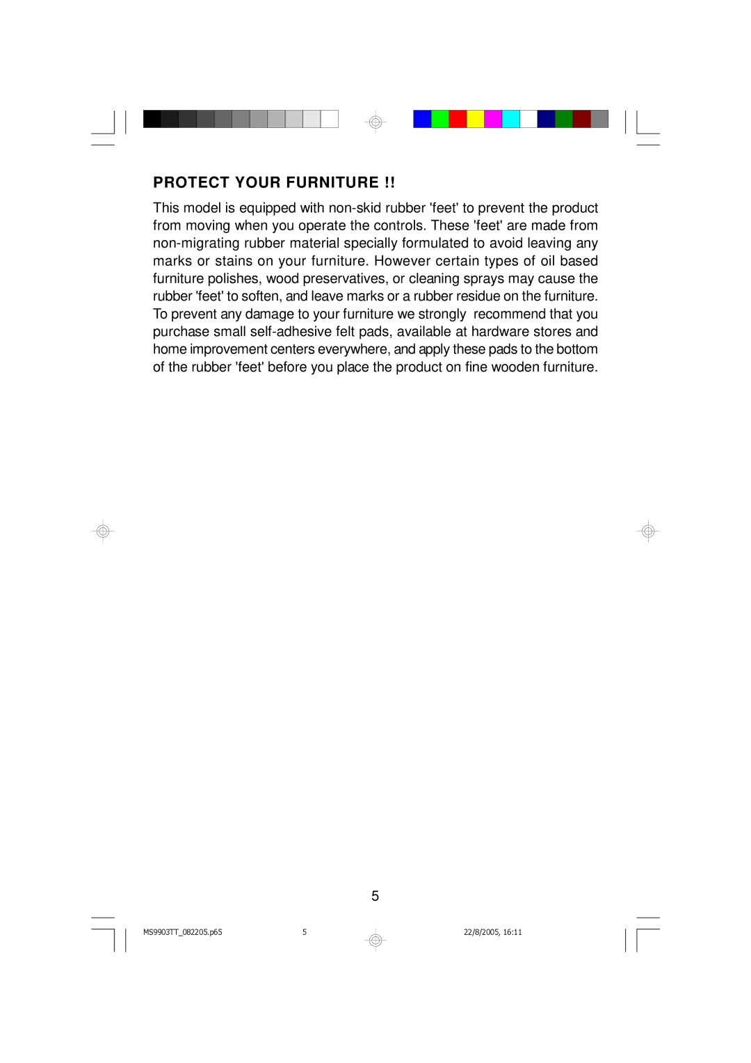 Emerson MS9903TT owner manual Protect Your Furniture 