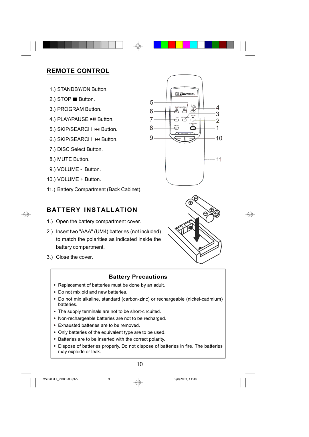 Emerson MS9904TTC owner manual Remote Control, Batte RY I NS Tallatio N, Battery Precautions 