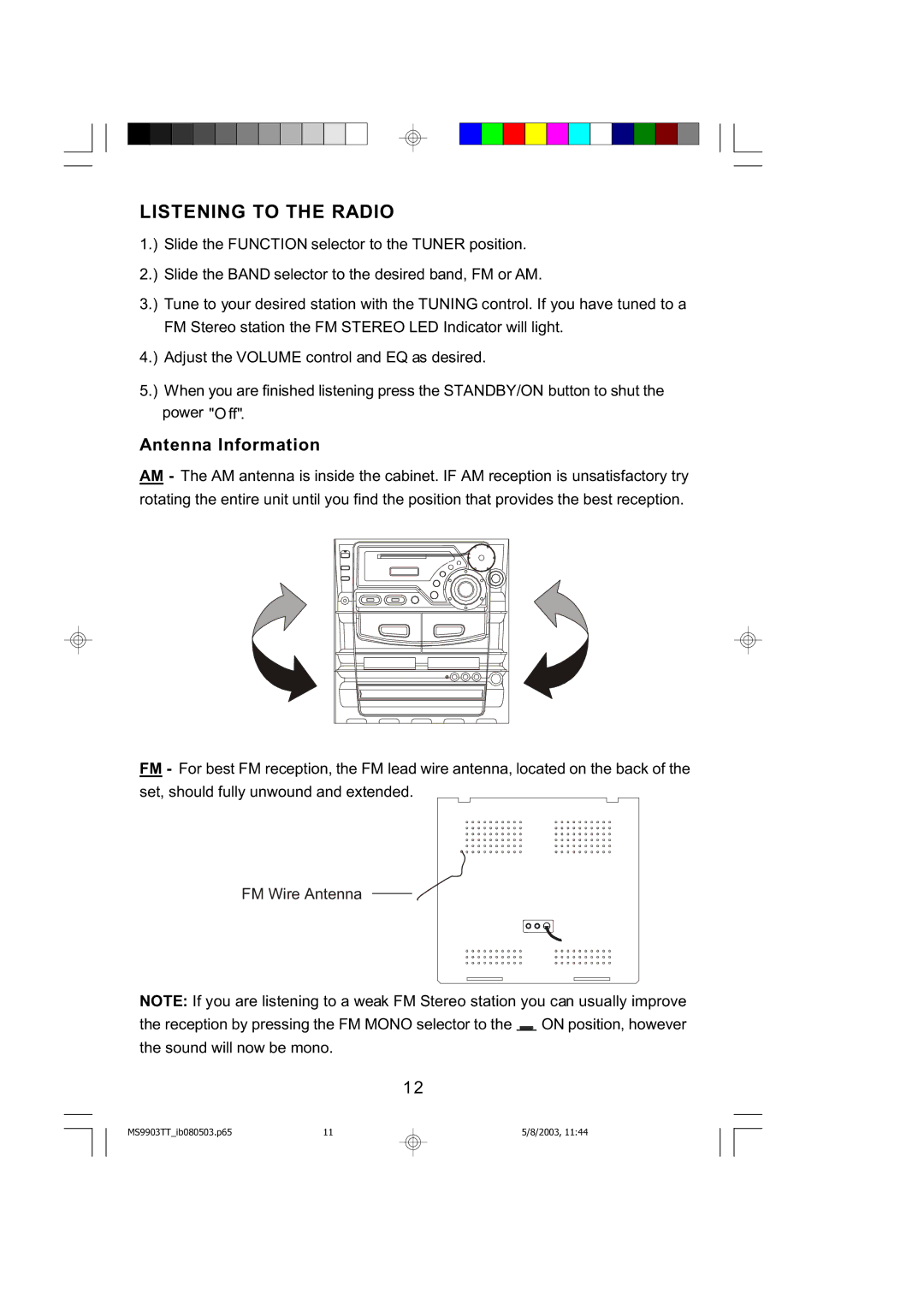 Emerson MS9904TTC owner manual Listening to the Radio, Antenna Information 